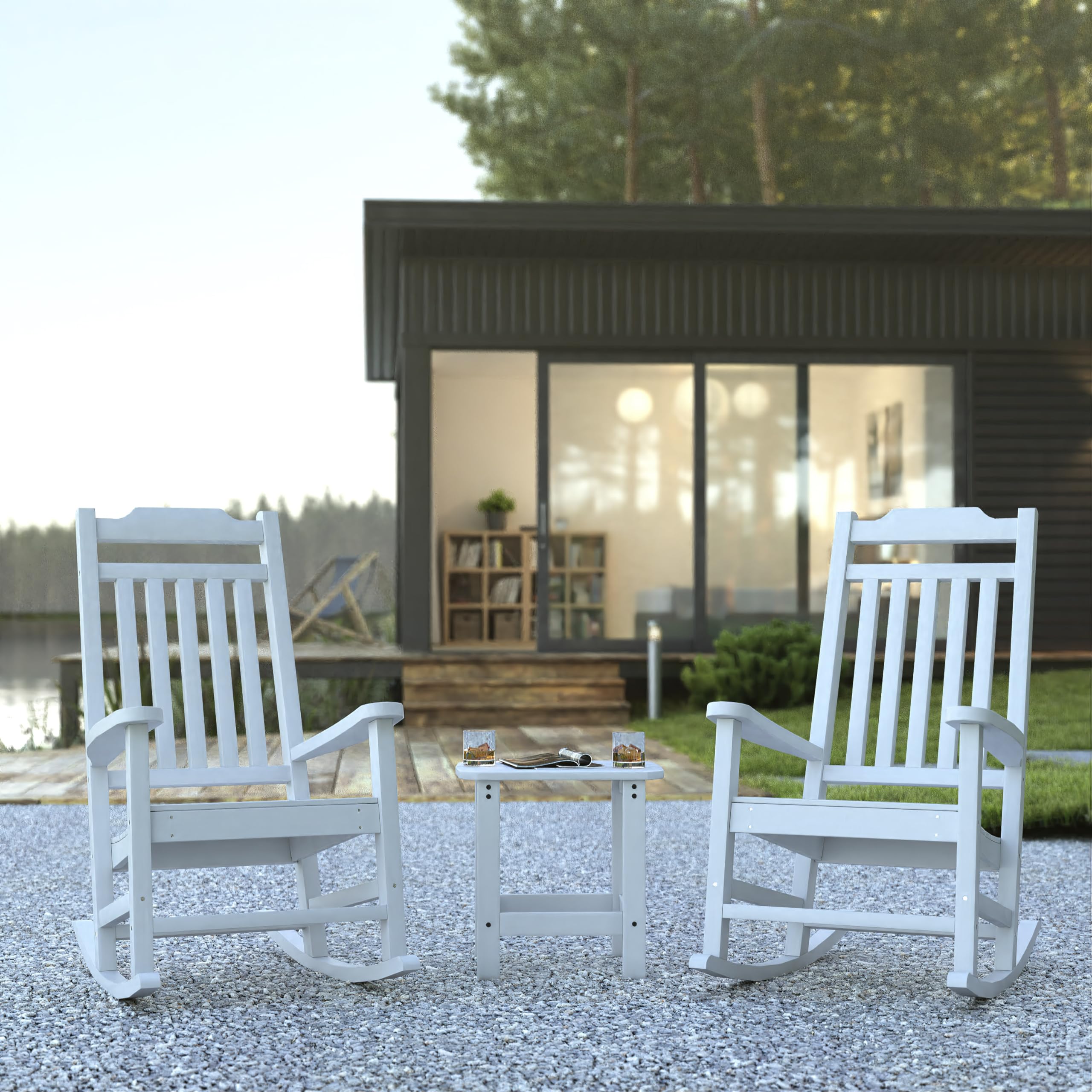 Flash Furniture Winston Set of 2 Rocking Chairs with Side Table - White Poly Resin - Weather Resistant