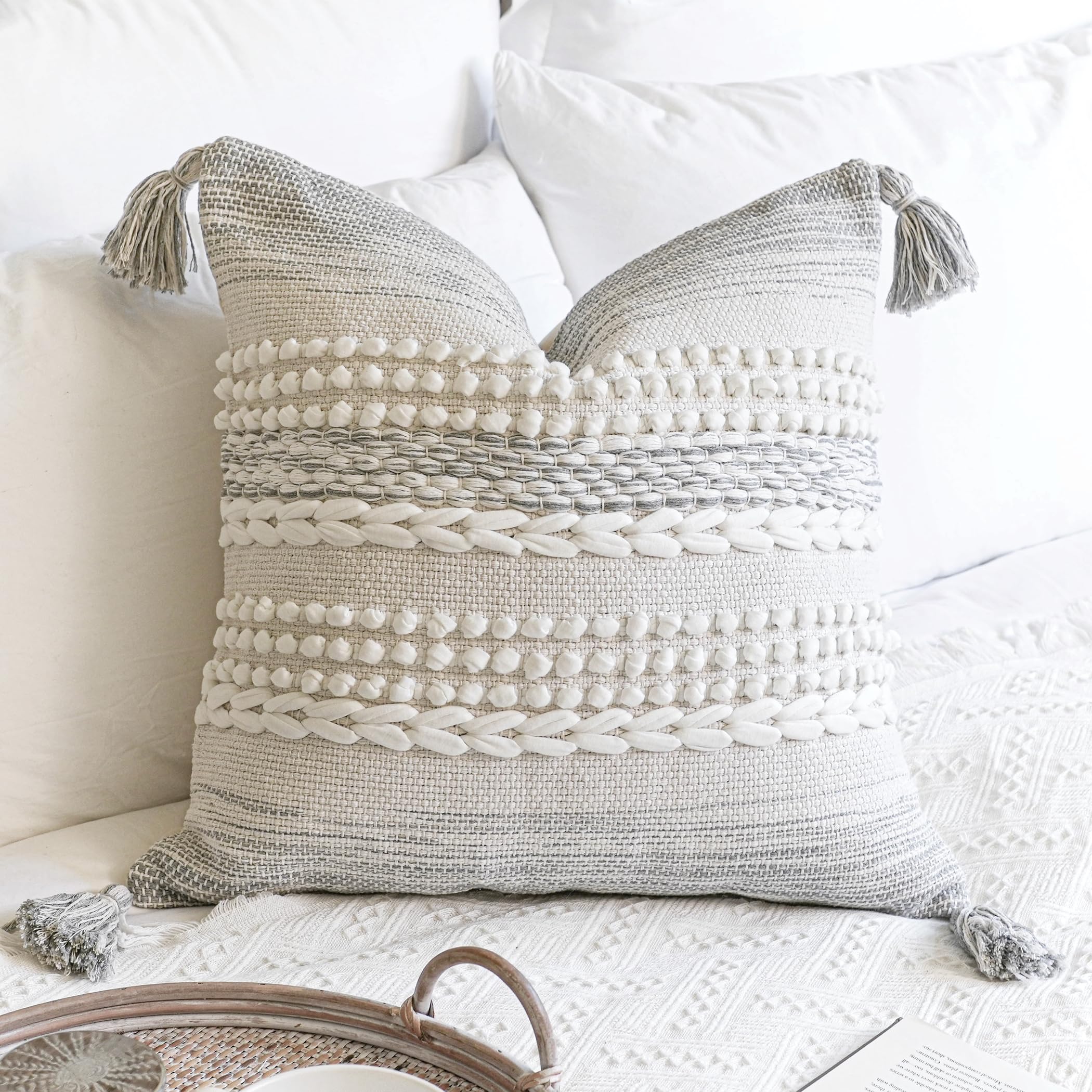 Blissblush Gray Decorative Throw Pillow Cover 20X20, Boho Accent Pillow For Couch, Square Modern Farmhouse Pillowcase For Living