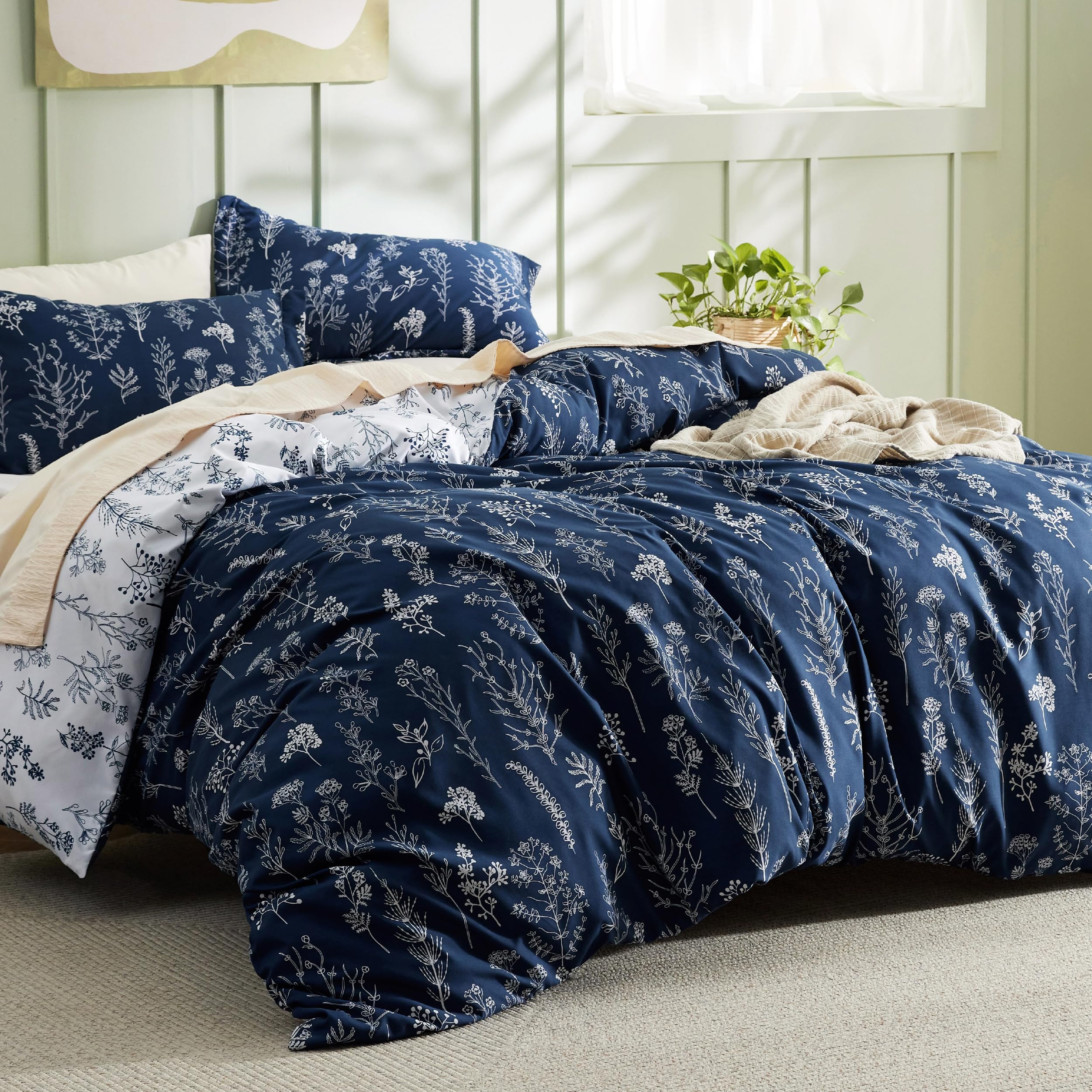 Bedsure Duvet Cover Queen Size - Reversible Navy Blue Queen Duvet Cover Set With Zipper Closure, 3 Pieces Floral Patterned Bedding Set With 8 Corner Ties And 2 Pillow Shams