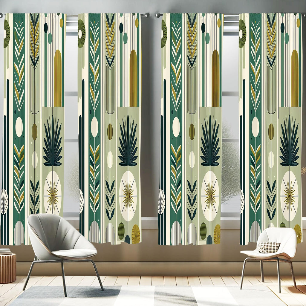 Ambesonne Mid Century Modern Window Curtains Pack of 2, Abstract Circles Leaves and Stripes in Nature Color Palette, Lightweight