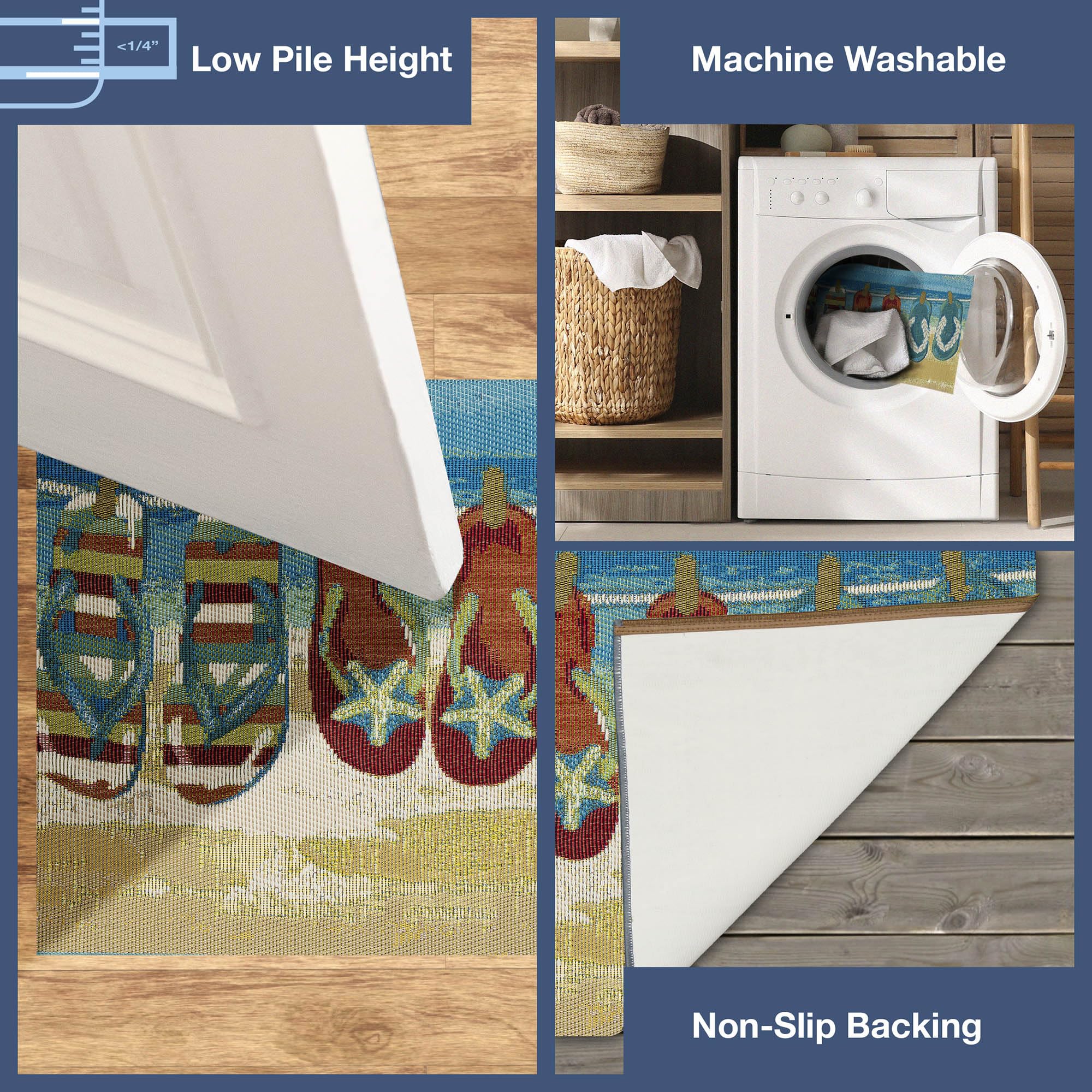 Liora Manne Esencia Machine Washable Non-Slip Low Profile Indoor/Outdoor Mat-Transitional, Coastal, Beach, Whimsical, Flip Flops Forever Blue 2' X 2'10'
