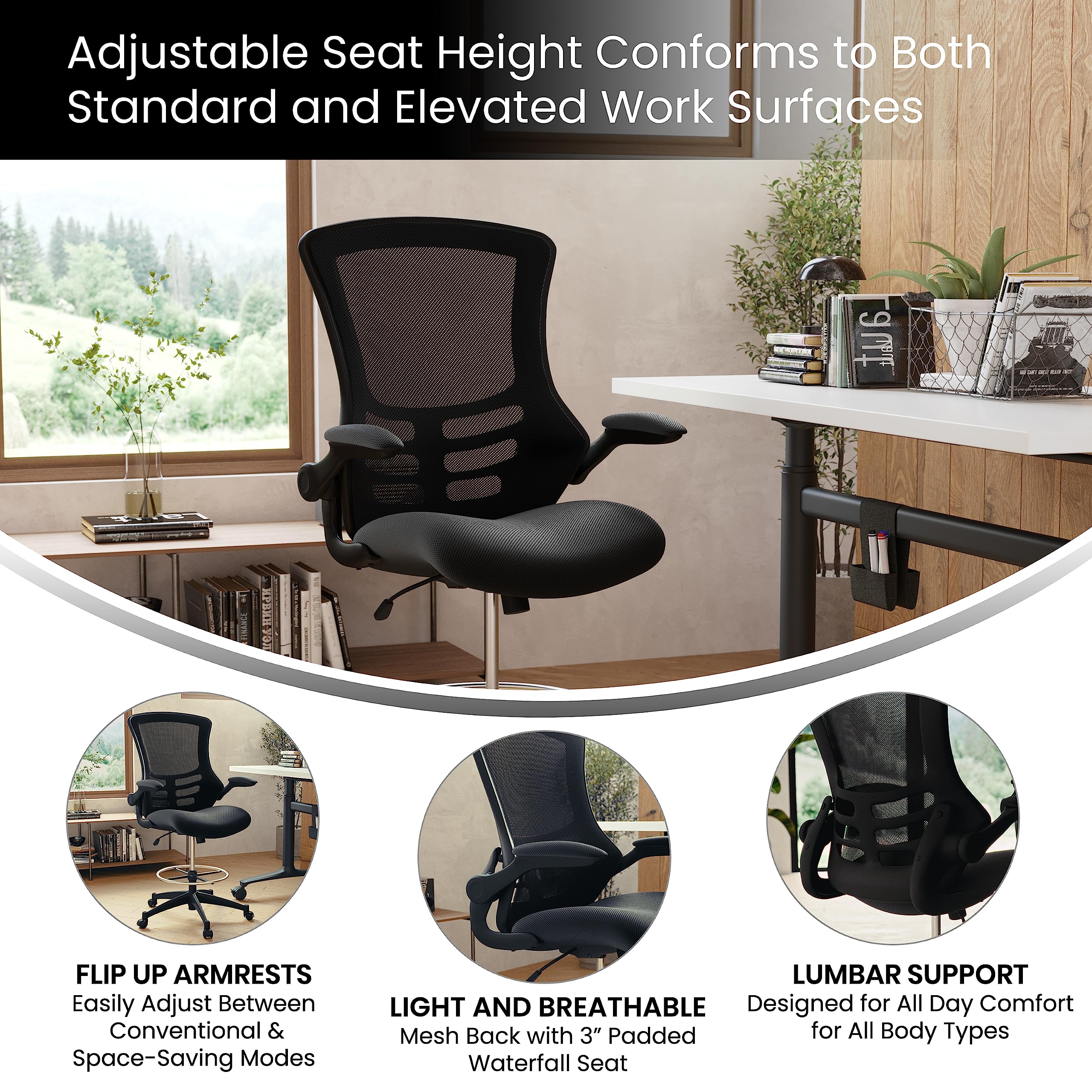 Flash Furniture Kelista Mid-Back Swivel Office Chair with Adjustable Seat Height, Ergonomic Mesh Desk Chair with Flip-Up Armrests, Black