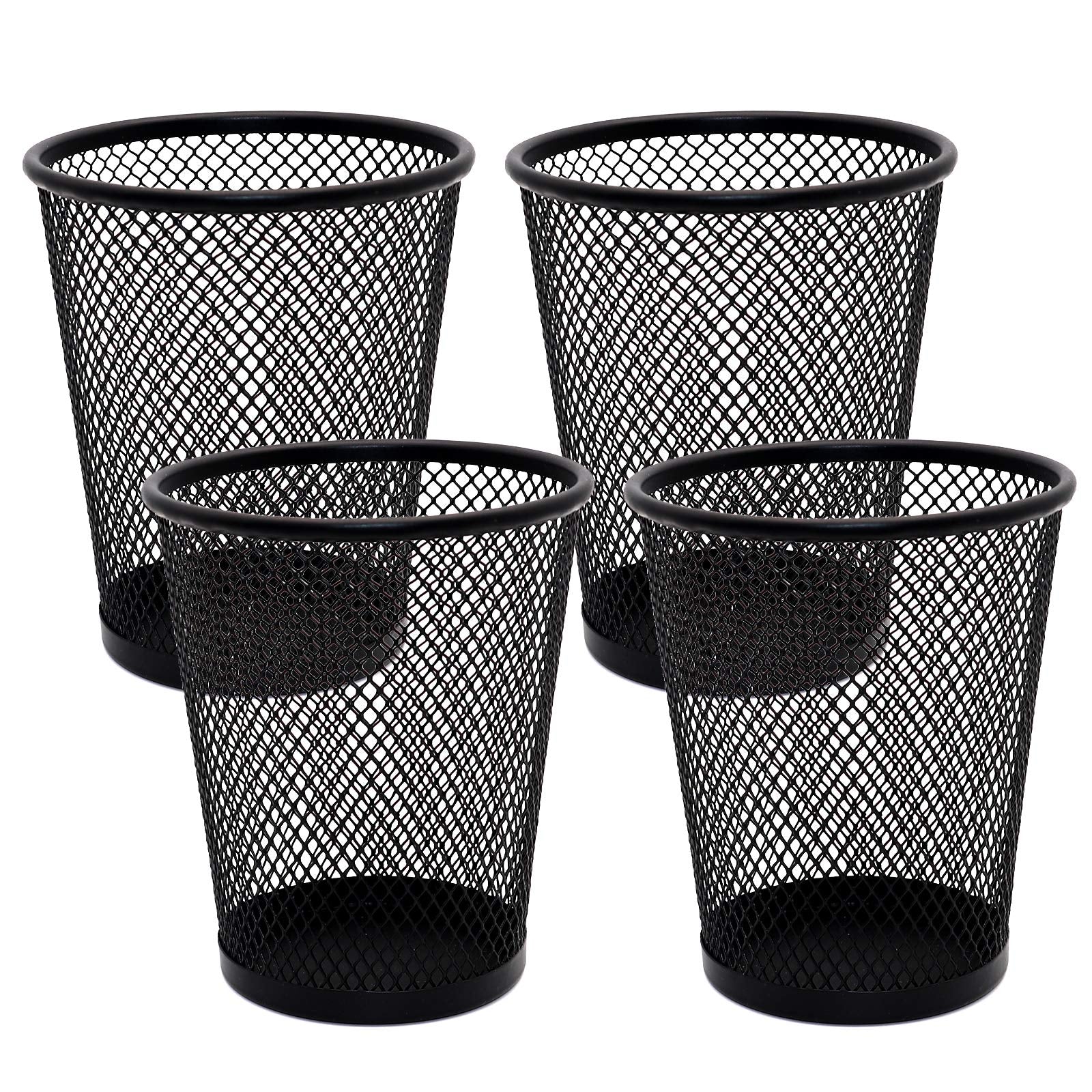 4 Pack Pen Holder Metal Mesh Pencil Holders Round Shaped Pen Holders For Desk Office Wire Mesh Container Pen Organizer,Black