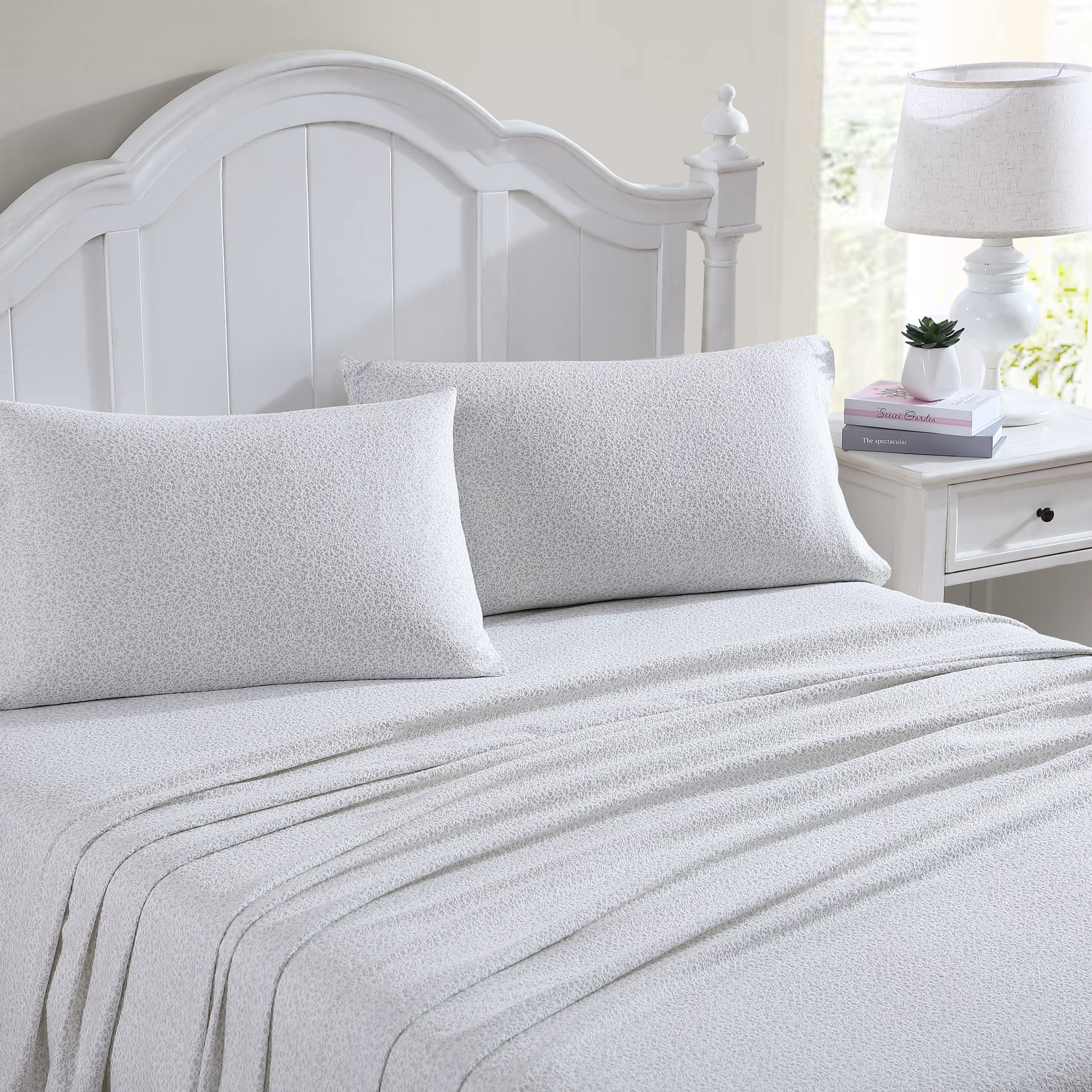 Laura Ashley Home - Full Sheets, Cotton Flannel Bedding Set, Brushed For Extra Softness & Comfort (Chelsie Vine Grey, Full), Chelsie Vine Grey/White