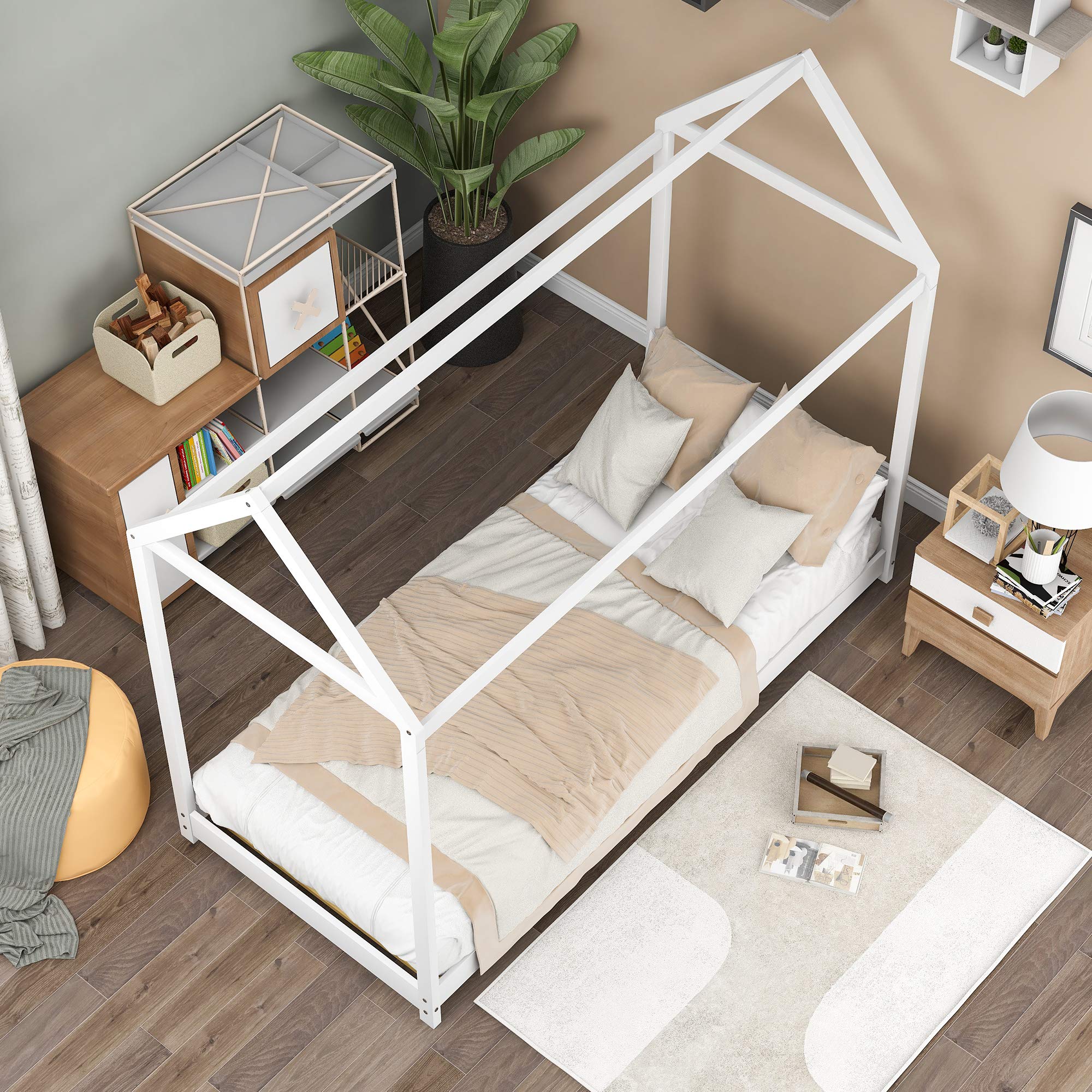 House Bed Wood Bed Frame Twin Size with Roof for Kids, Teens, Girls, Boys, No Box Spring Needed