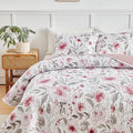 Flysheep Botanical Quilt Set Full Queen Size 3 Pieces, Blush Pink And Grey Flowers Printed Elegant Floral Summer Bedding Set, So