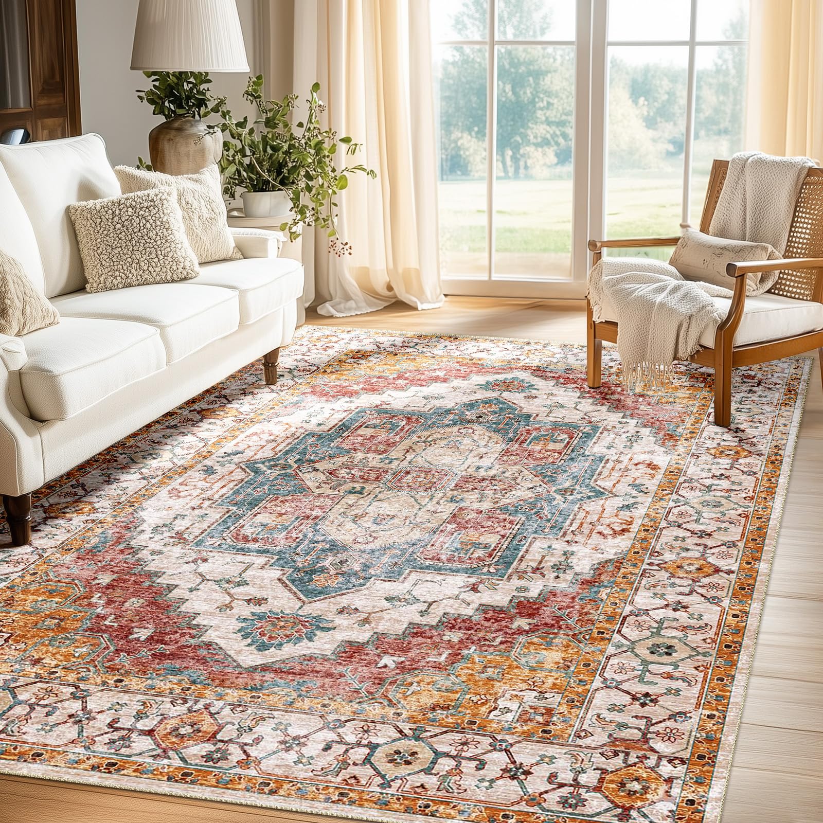 Washable 5x7 Area Rugs Non Slip 5x7 Rug Low Pile Rug Floor Carpet Distressed Printed Area Rug Soft Area Rug for Living Room Bedr