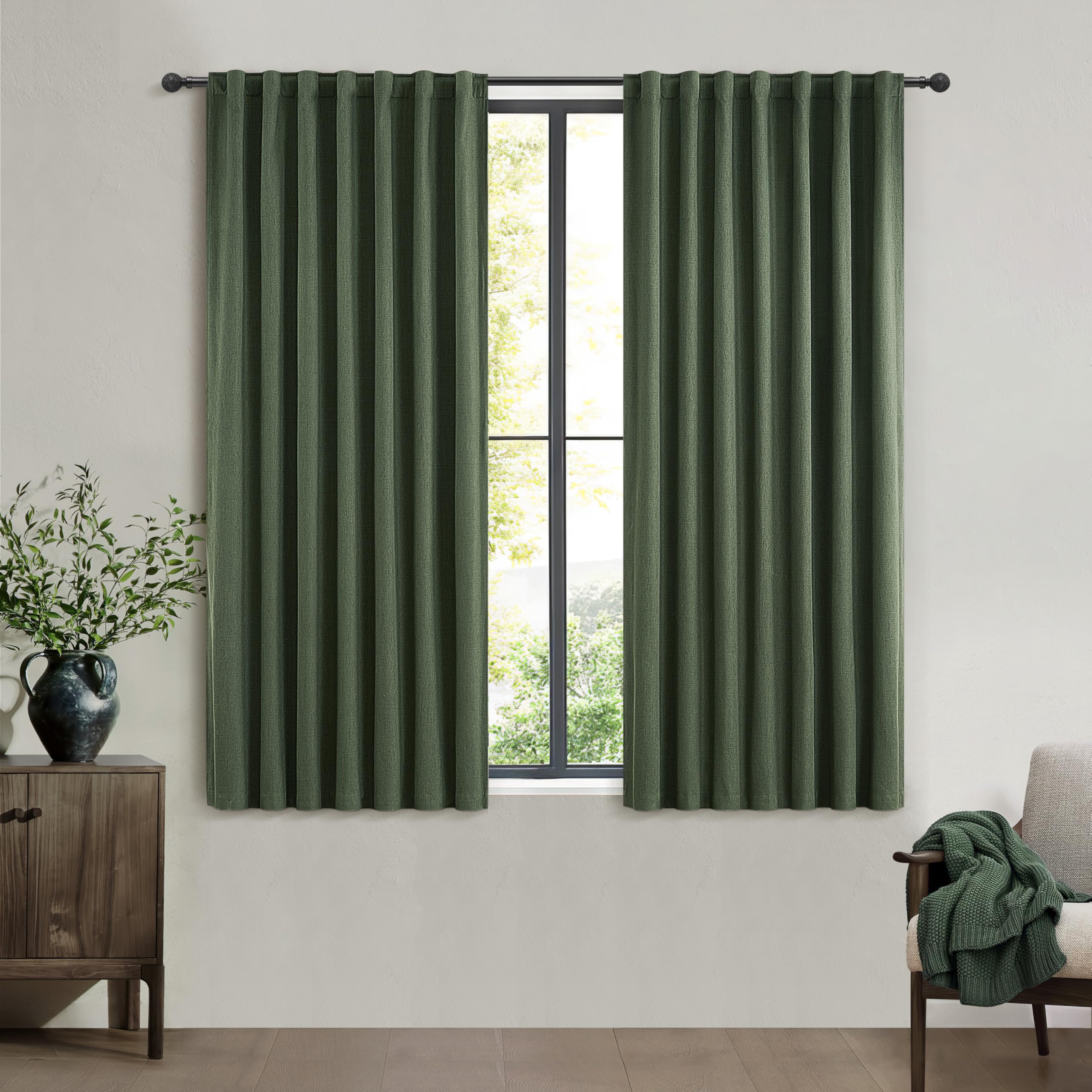 QJmydeco 45 Inch Kitchen Curtains Sets for Windows, Faux Linen Blackout Pleated Aesthetic Basement Window Curtain Back Tab 2 Pan
