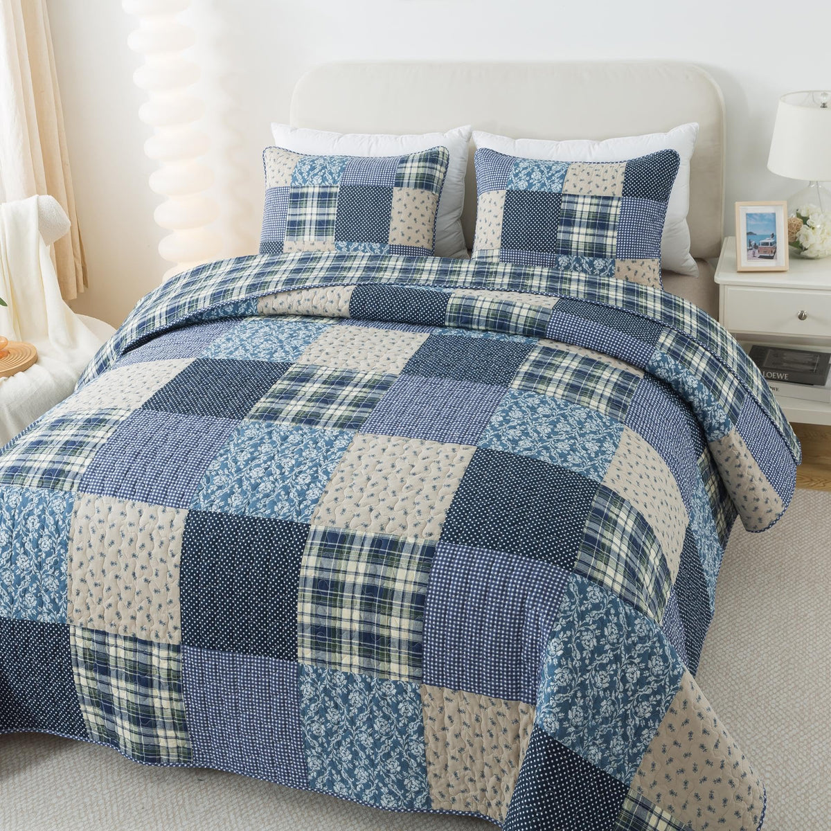 Slpr Blue Symphony Cotton Pieced Quilt Set - Queen With 2 Shams, Farmhouse Patchwork Quilted Bedspread With Check And Plaid Patt