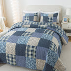Slpr Blue Symphony Cotton Pieced Quilt Set - Queen With 2 Shams, Farmhouse Patchwork Quilted Bedspread With Check And Plaid Patt