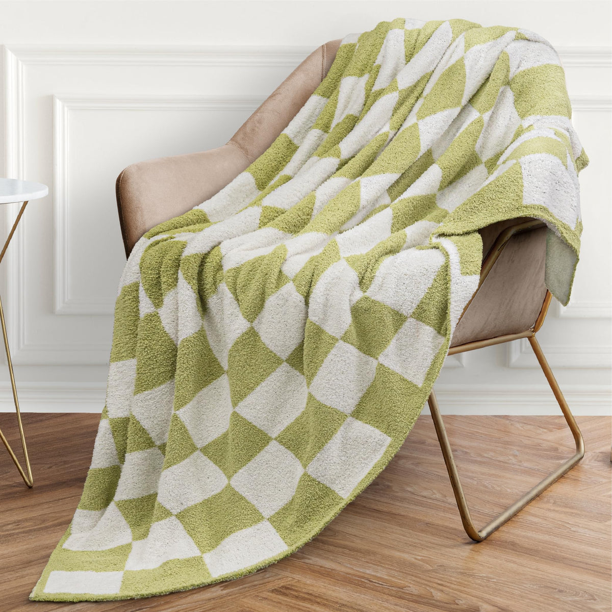 Pavilia Plush Checkered Throw Blanket For Couch, Sage Green Super Soft Fluffy Throw, Fuzzy Lightweight Blanket For Bed Sofa, Kni