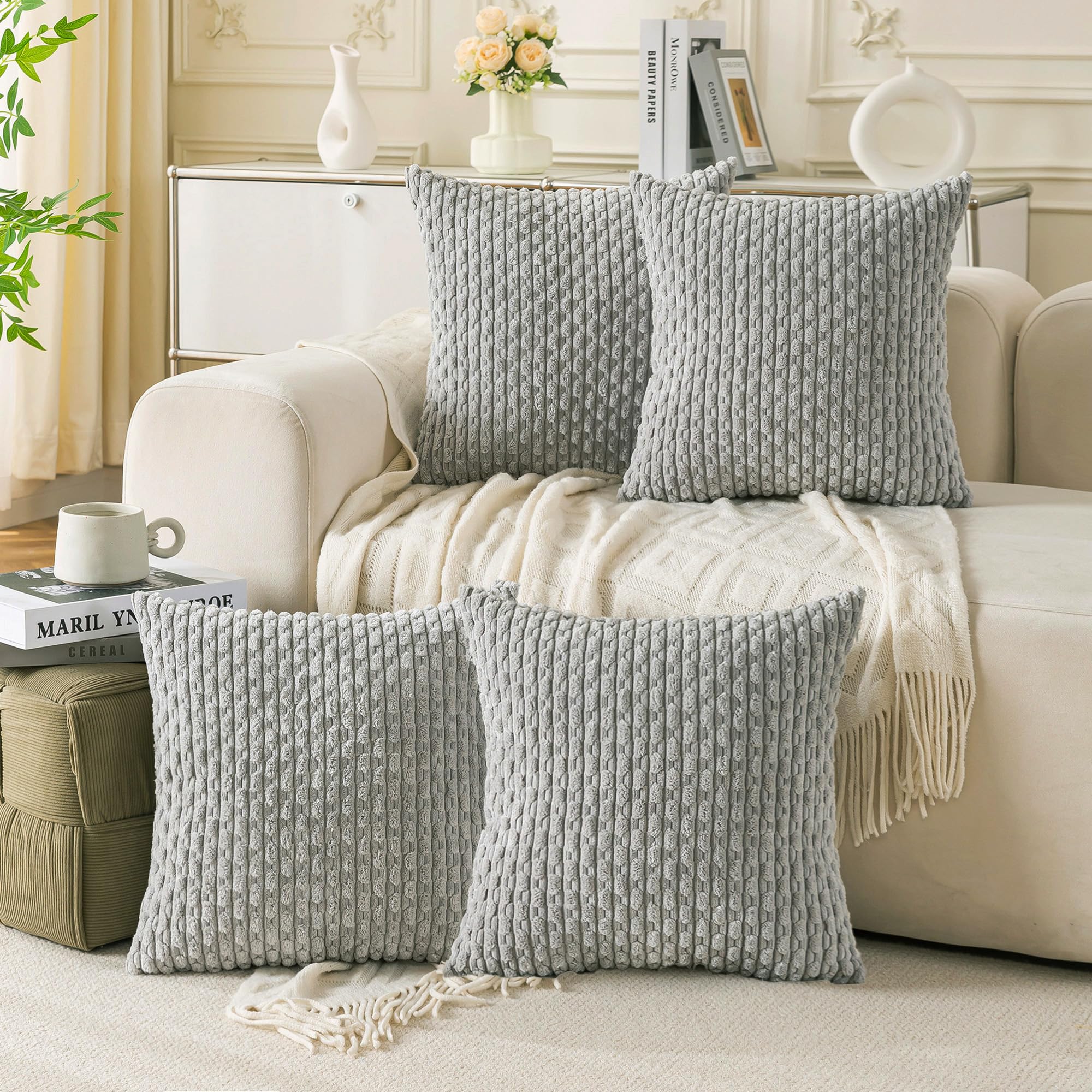 Cozoomy Set Of 4 Grey Decorative Pillow Covers 18X18 Inch Corduroy Throw Pillow Covers For Bed Couch Sofa Living Room Soft Cushi