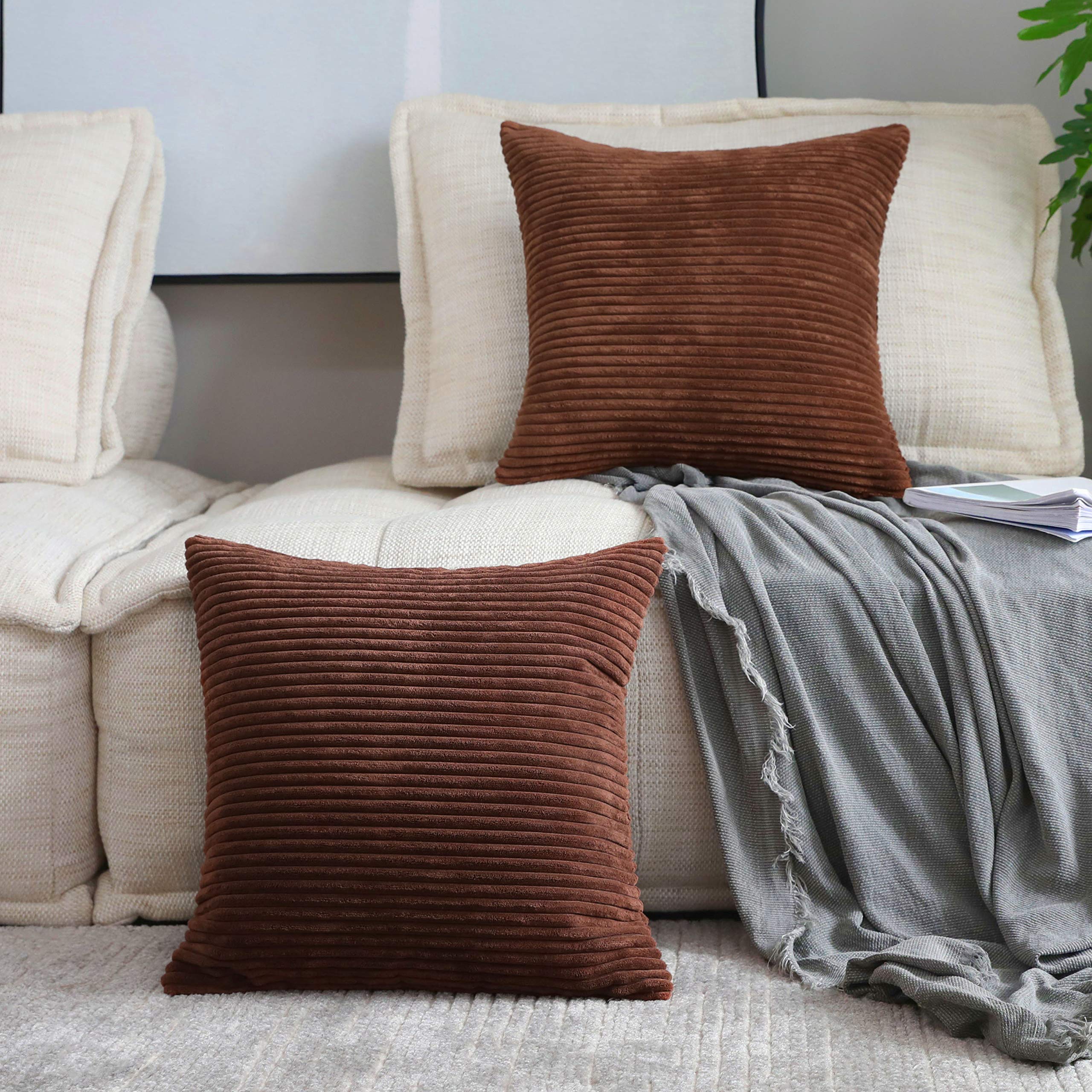 Home Brilliant 2 Packs Throw Pillows Covers 16X16 Striped Velvet Sofa Pillows Decorative Sets, 40Cm, 16 X 16 Inch, Brown
