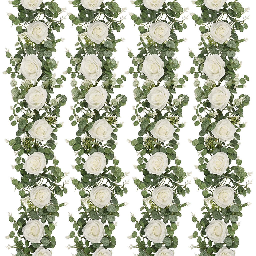 Dolicer 4Pcs 26Ft Artificial Eucalyptus Garlands with Flowers - 8 Roses, Faux Floral Greenery Garlands Fake Flowers Vines for We