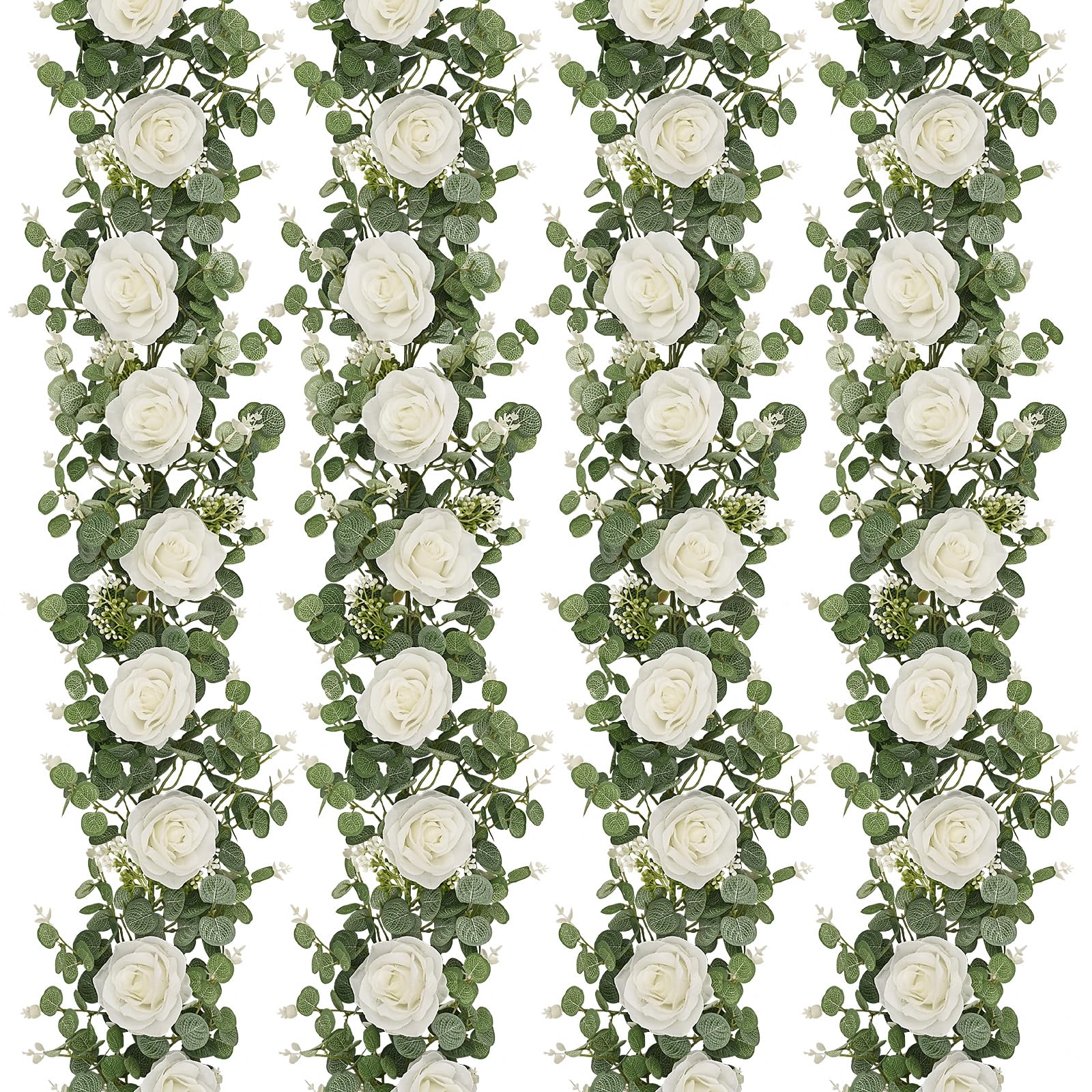 Dolicer 4Pcs 26Ft Artificial Eucalyptus Garlands with Flowers - 8 Roses, Faux Floral Greenery Garlands Fake Flowers Vines for We