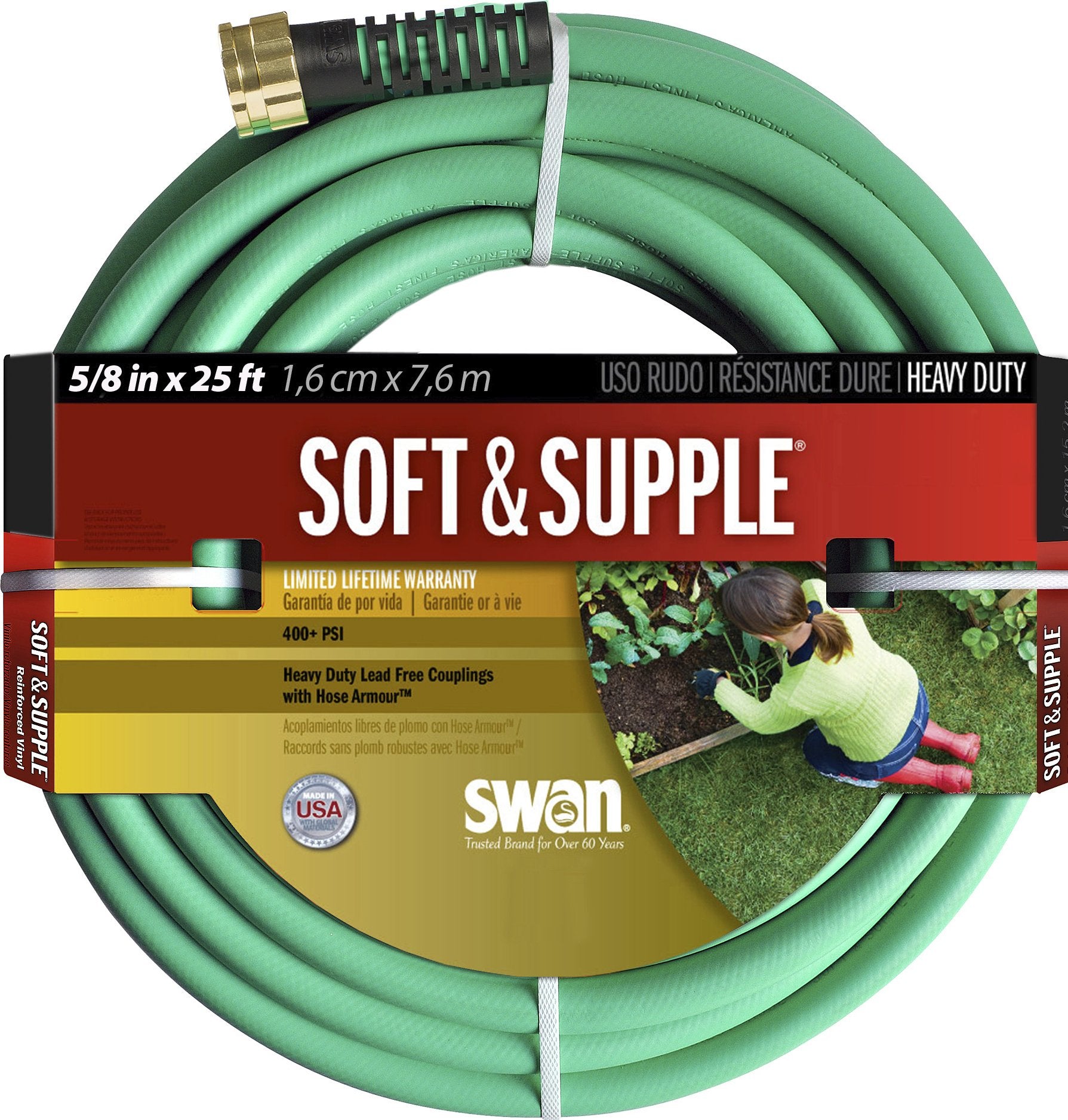 Swan Products Snss58025 Soft & Supple Easy Coil Water Hose With Crush Proof Couplings 25' X 5/8', Green