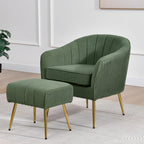 Best Quality Furniture Modern Accent Chair with Ottoman Set, Green Teddy Fabric Upholstery, Gold Chrome Legs, Channel Tufted Backrest