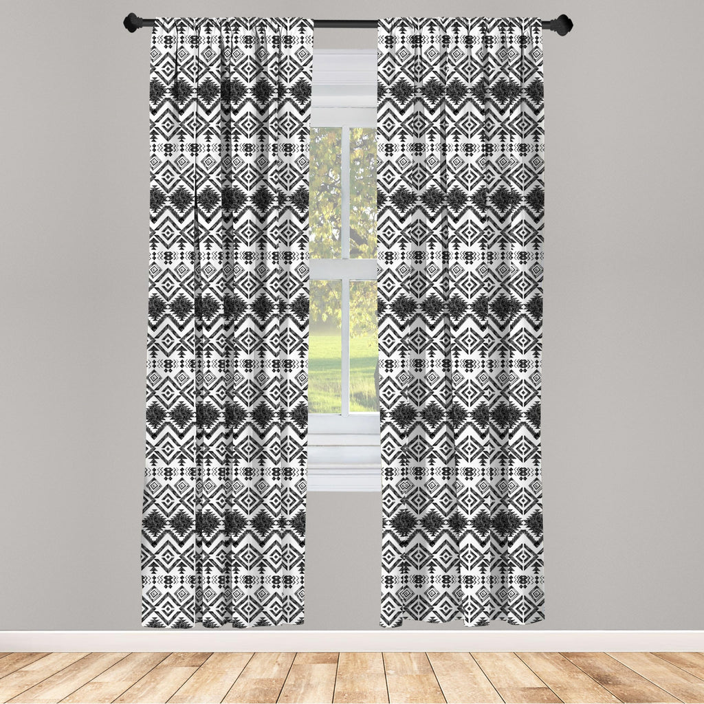 Ambesonne Geometric Curtains, Monochrome Hand Drawn Tribal Pattern Abstract Aztec Motifs Civilizations, Window Treatments 2 Pane