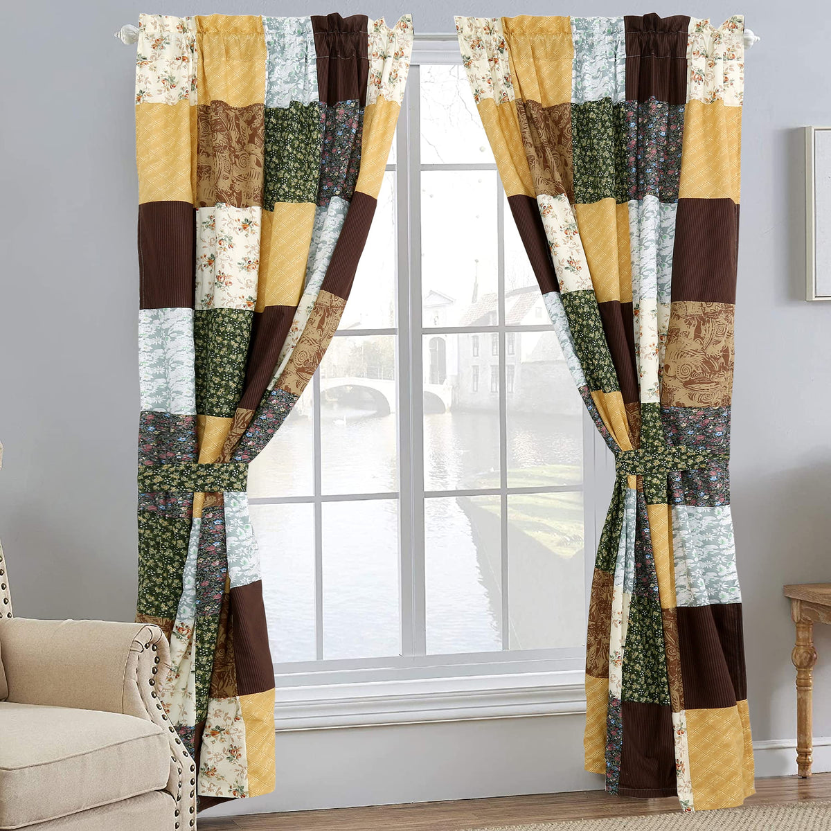 Cozy Line Home Fashions Brown Olive Farmhouse Country Patchwork Window Curtains With Tie Backs Set, 84' X 53', 2 Panels