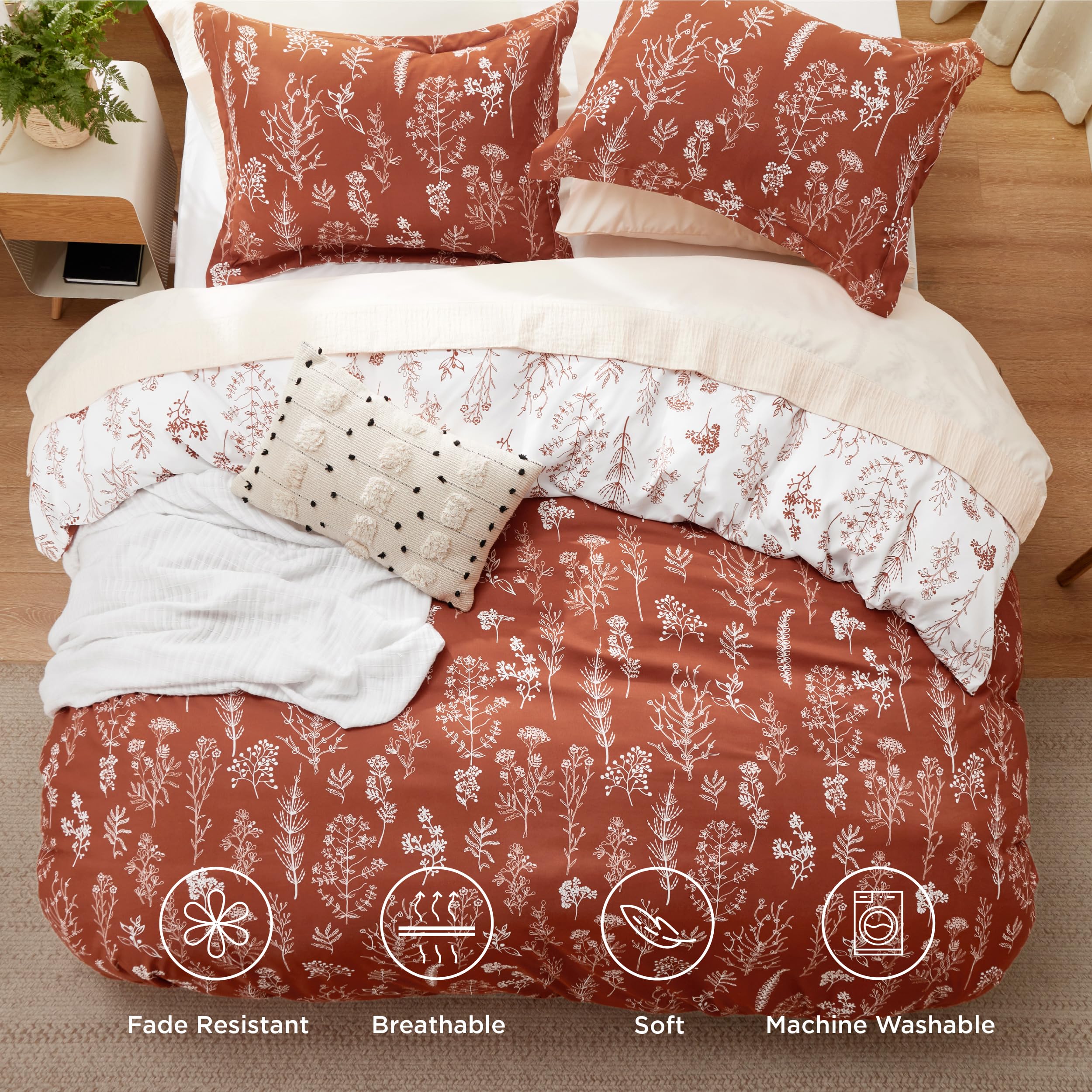 Bedsure Twin/Twin Xl Duvet Cover - Reversible Terracotta Duvet Cover Set With Zipper Closure,Cute Floral Botanical Pattern Bedding Comforter Cover, 1 Duvet Cover 68'X90' And 1 Pillow Sham 20'X26'