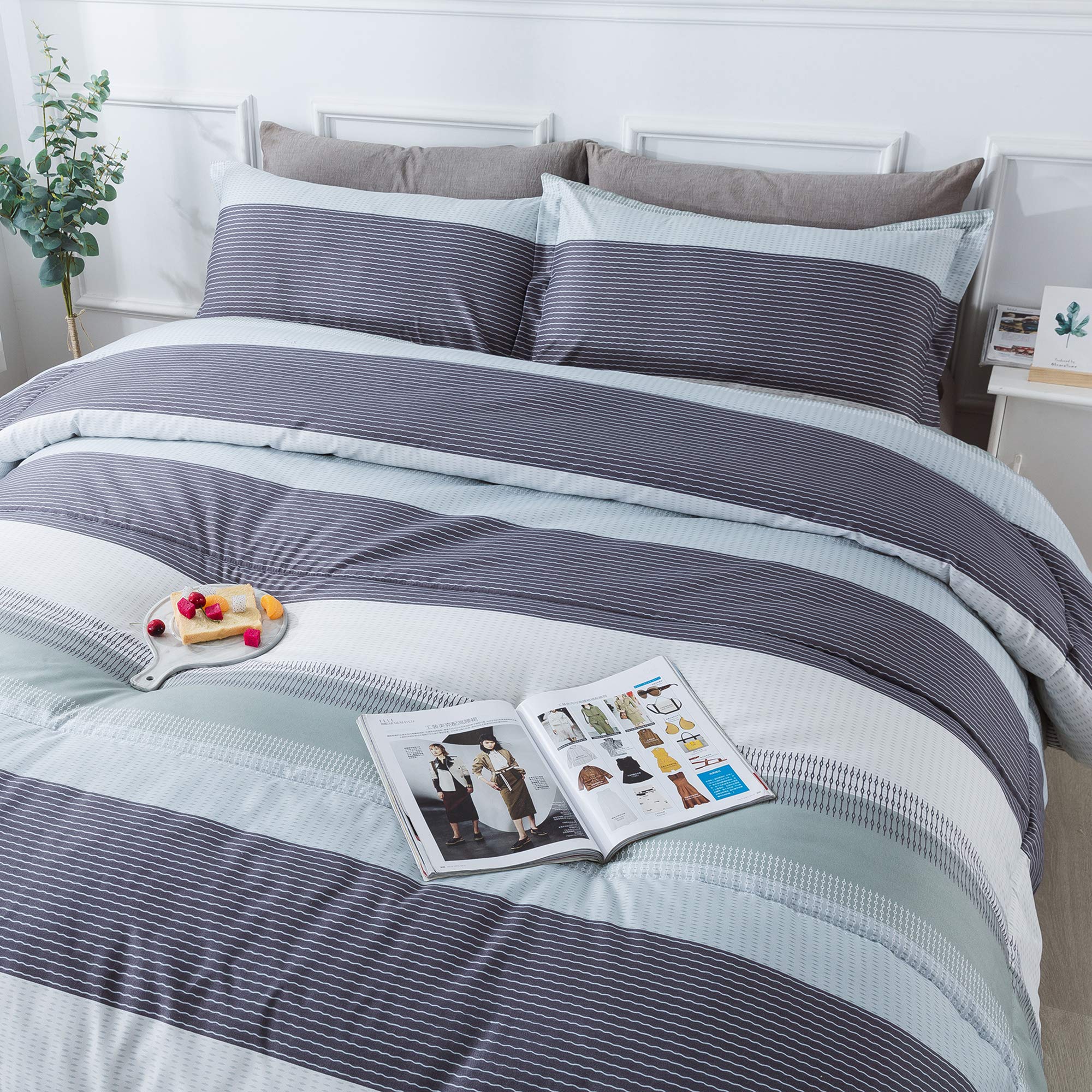 Andency Stripe Comforter Set Full Size (79X90 Inch), 3 Pieces Mint Green Patchwork Striped Comforter, Soft Microfiber Down Alter