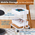 Ecr4Kids 2-Tier Metal Rolling Utility Cart - Under Desk Office Storage, Multipurpose Mobile Organizer, White