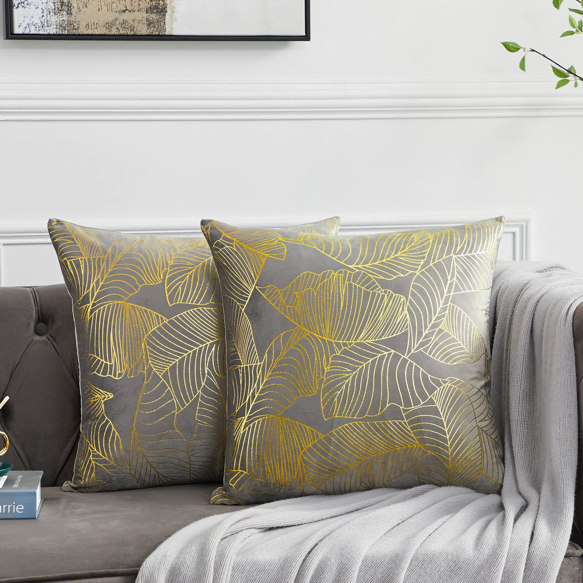 Gigizaza Grey Decorative Throw Pillow Covers, 16X16 Grey Yellow Leaves Couch Pillow Covers,Fall Cushion Covers For Sofa, Pack Of