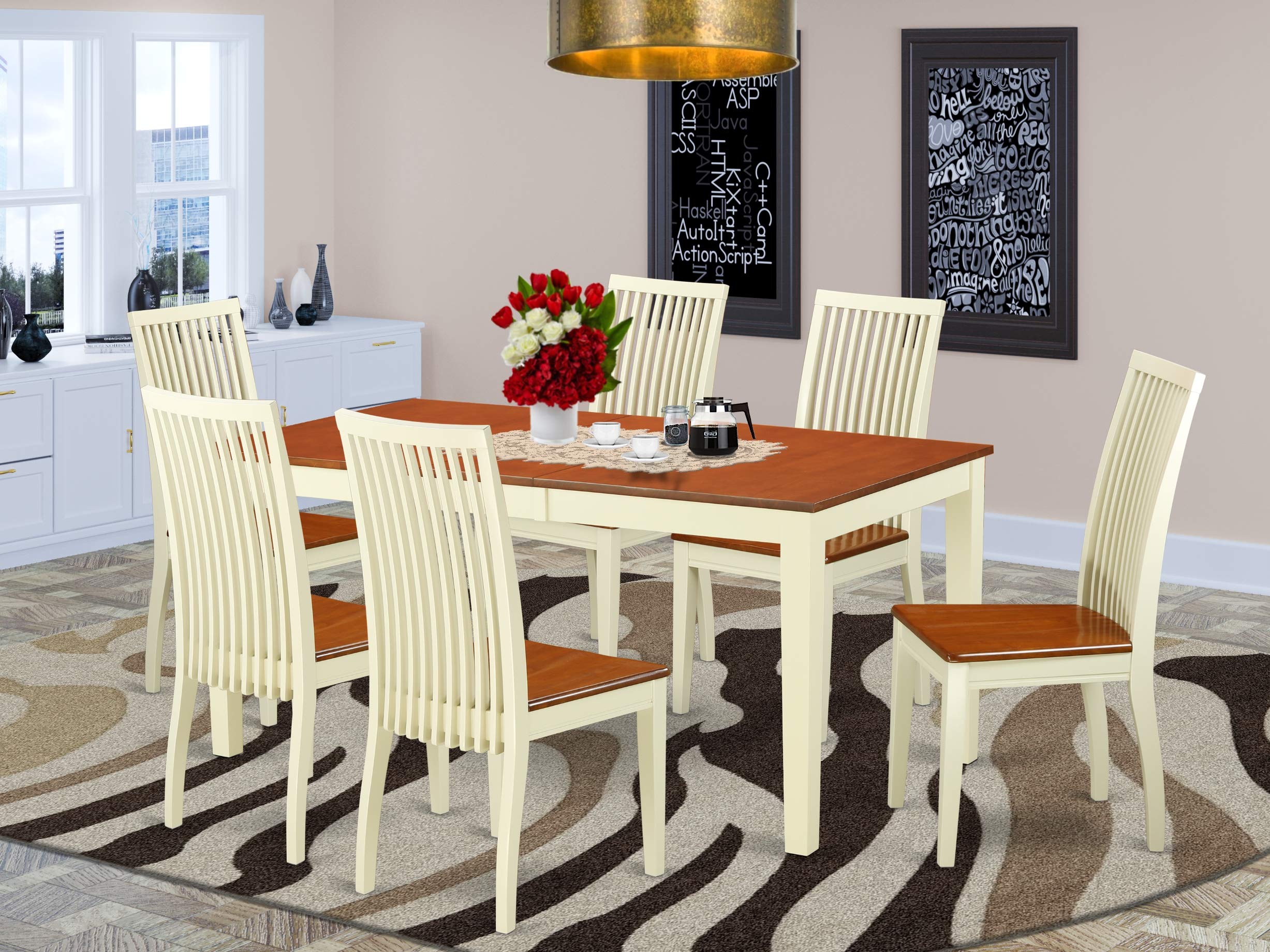 East West Furniture NIIP7-BMK-W 7 Piece Kitchen Set Consist of a Rectangle Dining Room Table with Butterfly Leaf and 6 Solid Wood Seat Chairs, 36x66 Inch, Buttermilk & Cherry