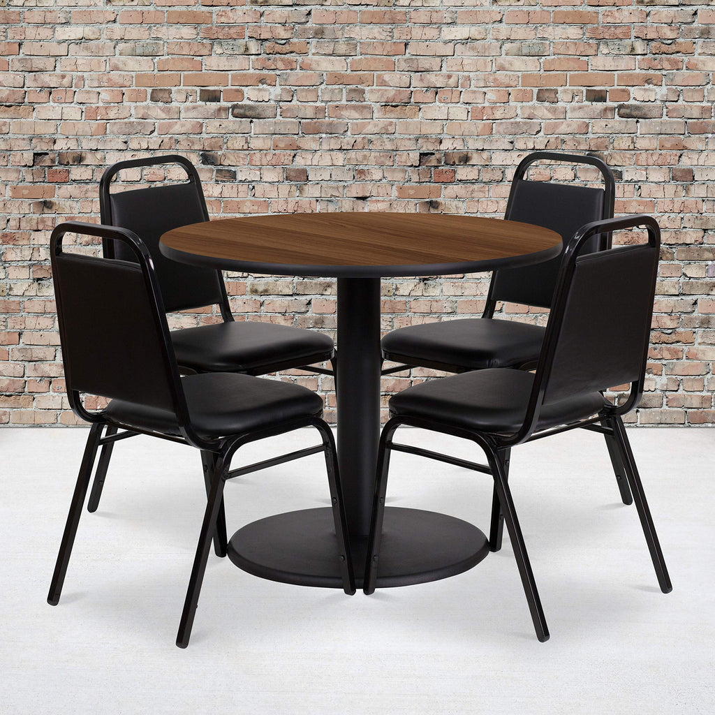 Flash Furniture 36'' Round Walnut Laminate Table Set with Round Base and 4 Black Trapezoidal Back Banquet Chairs