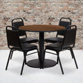 Flash Furniture 36'' Round Walnut Laminate Table Set with Round Base and 4 Black Trapezoidal Back Banquet Chairs