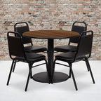 Flash Furniture 36'' Round Walnut Laminate Table Set with Round Base and 4 Black Trapezoidal Back Banquet Chairs