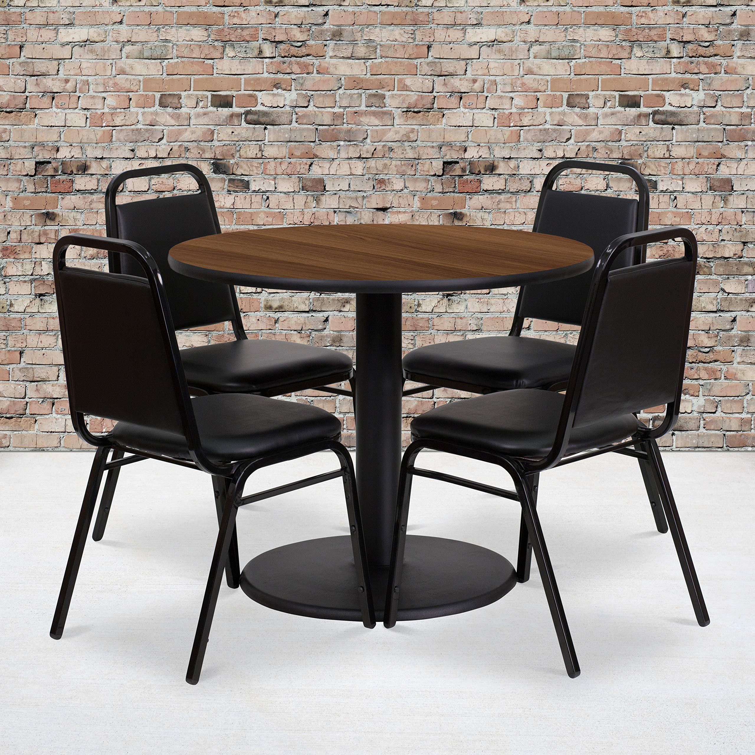 Flash Furniture 36'' Round Walnut Laminate Table Set with Round Base and 4 Black Trapezoidal Back Banquet Chairs