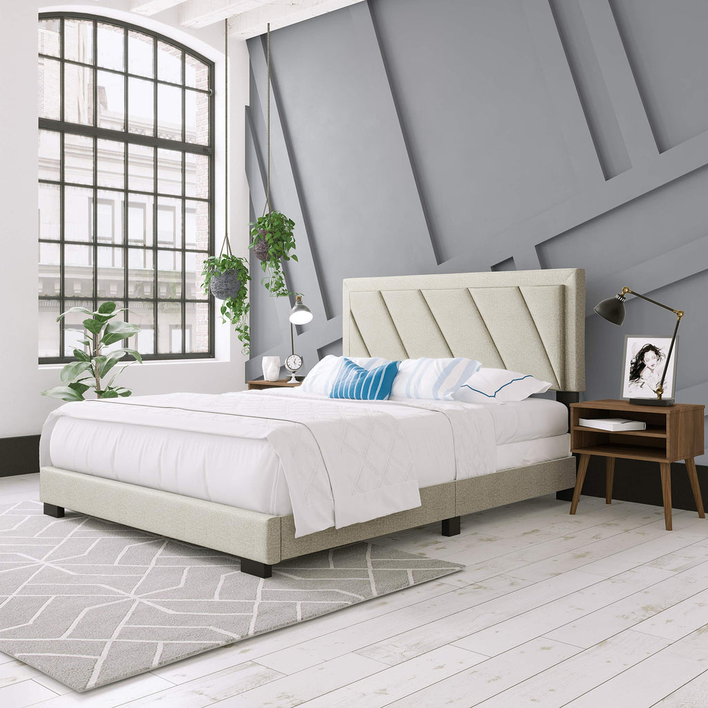Boyd Sleep Diagonal Upholstered Platform Bed with Headboard and Durable Mattress Foundation with Strong 4 Wood Slat Supports, Box Spring Required: King, White