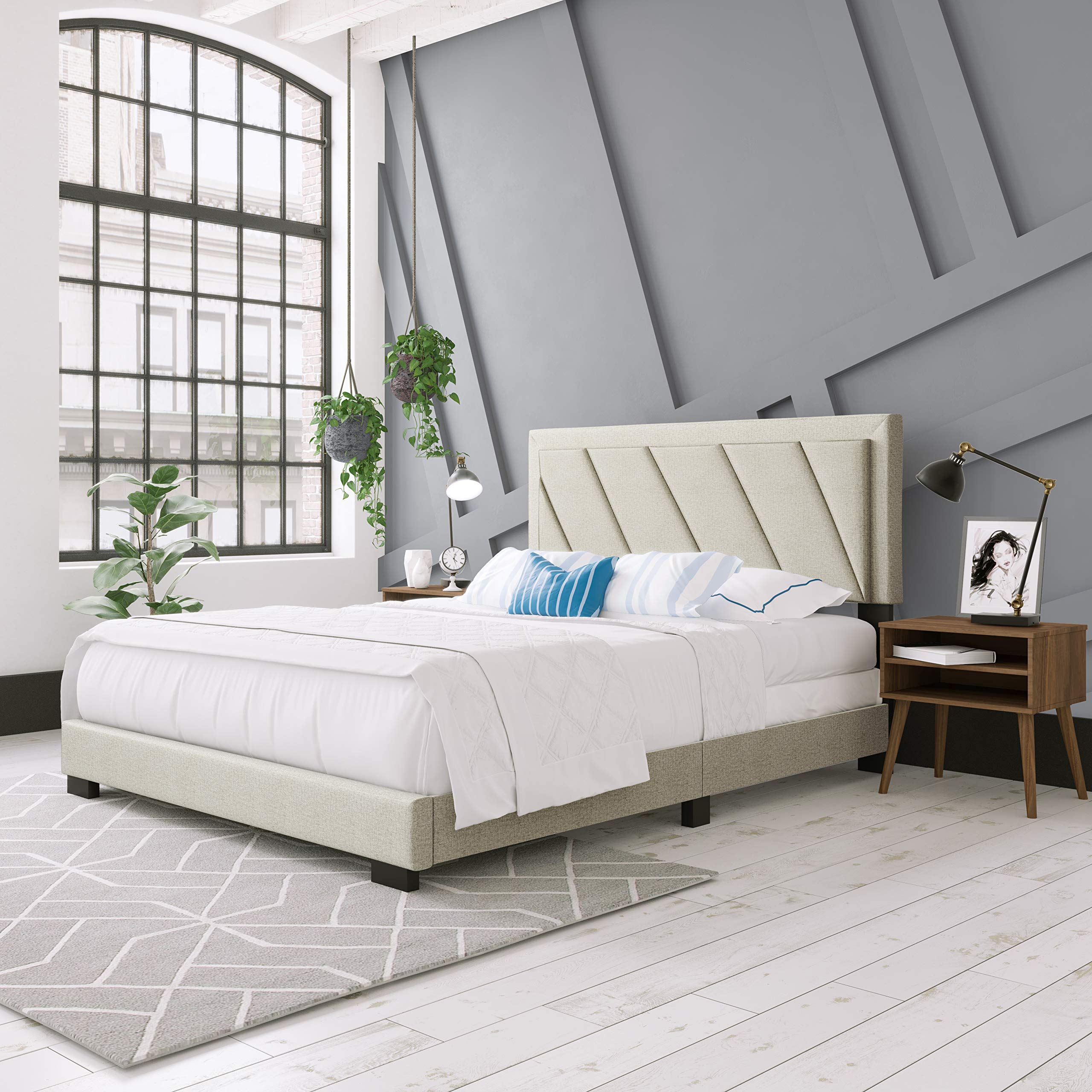 Boyd Sleep Diagonal Upholstered Platform Bed with Headboard and Durable Mattress Foundation with Strong 4 Wood Slat Supports, Box Spring Required: King, White
