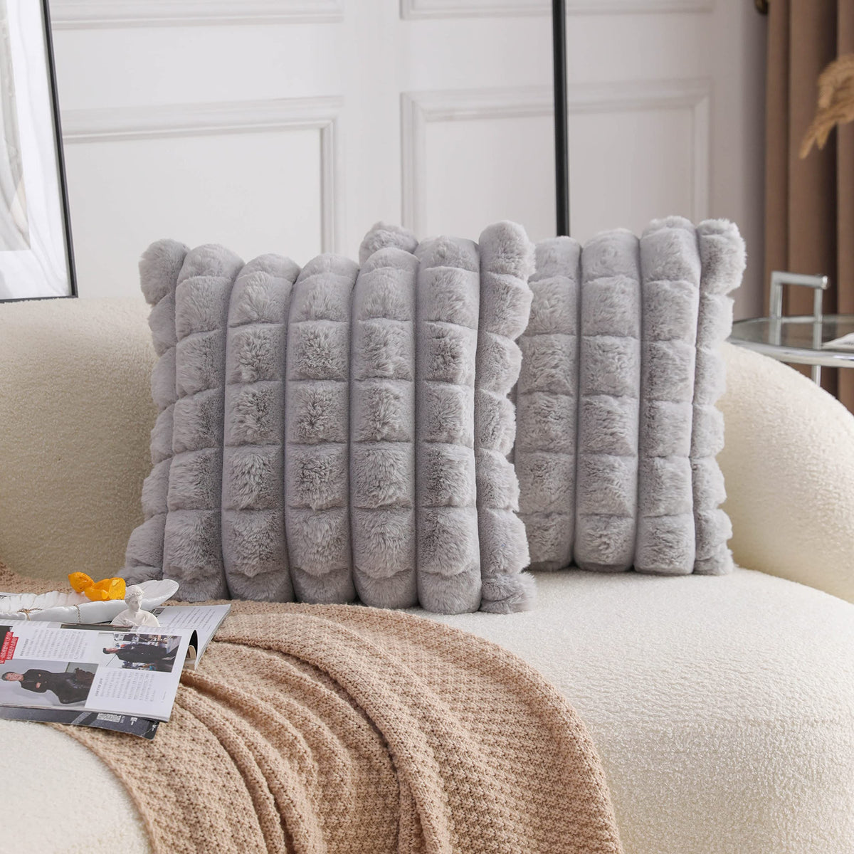 Neelvin Grey Faux Fur Cozy Soft Plaid Decorative Throw Pillow Covers 22X22 Inch Set Of 2,Velvet Pillowcase Cushion Case For Sofa