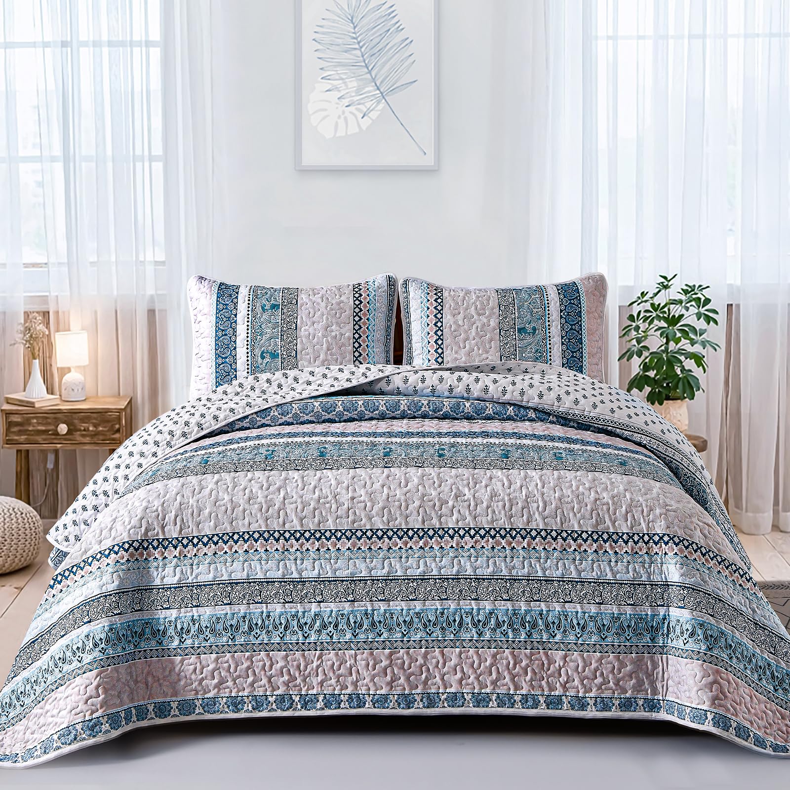 Wongs Bedding Boho Quilt Set California King Size, Light Blue Bohemian 3 Pieces Quilt Sets, Lightweight Summer Bedspread Coverle