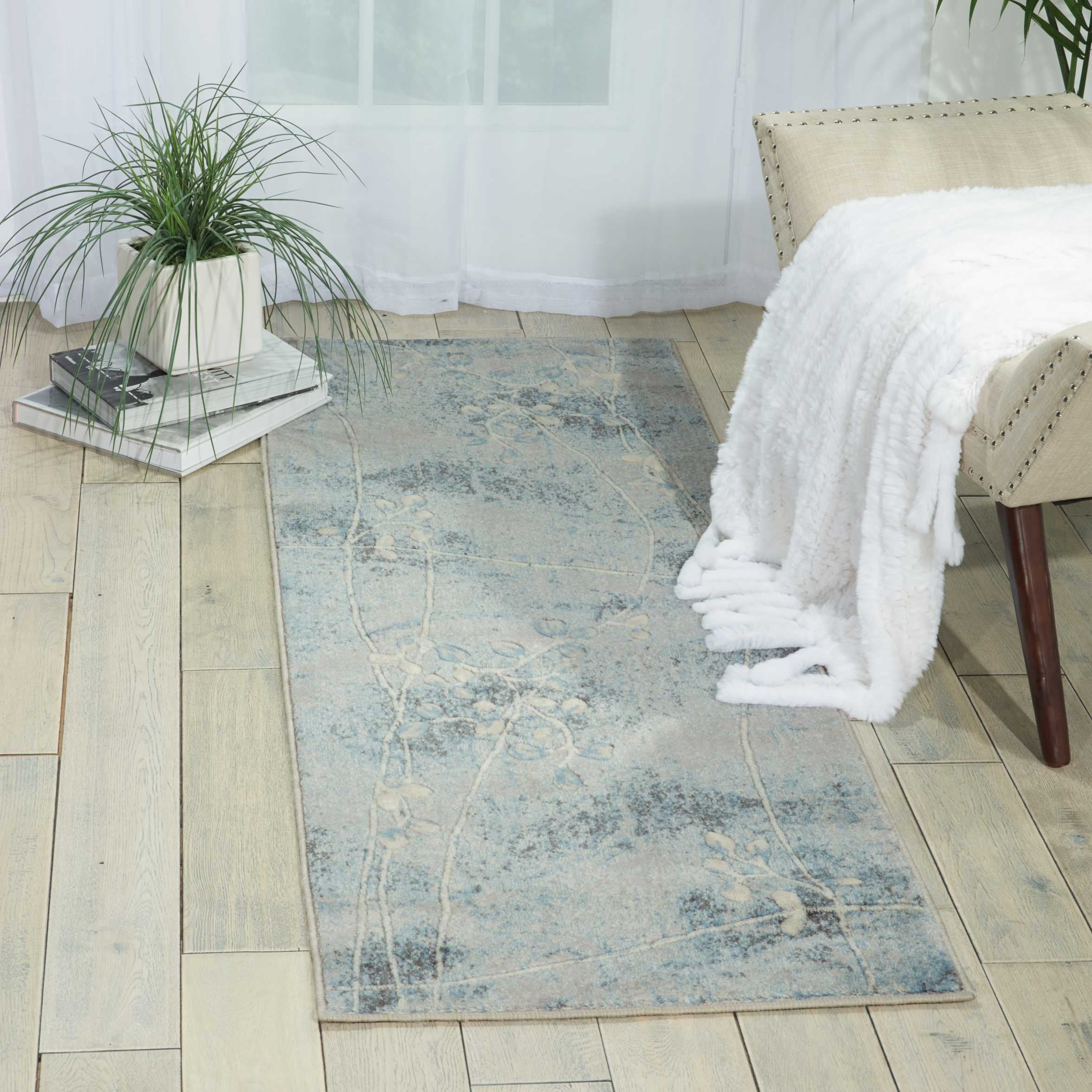 Nourison Somerset Nature Silver/Blue 23 x 8 Area-Rug, Easy-Cleaning, Non Shedding, Bed Room, Living Room, Dining Room, Kitchen