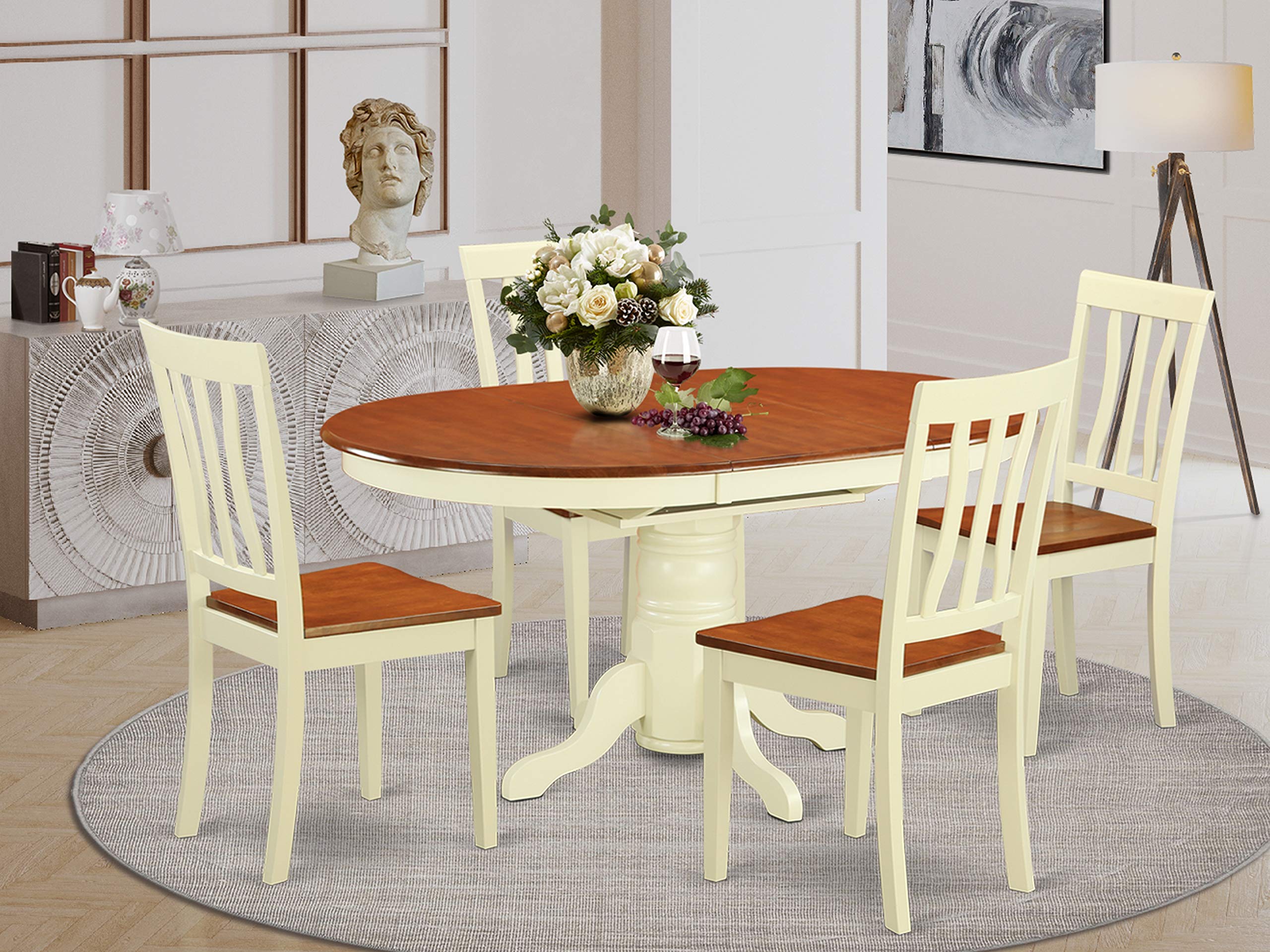 East West Furniture AVAT5-WHI-W 5 Piece Dining Set Includes an Oval Dining Table with Butterfly Leaf and 4 Kitchen Chairs, 42x60 Inch, Buttermilk & Cherry