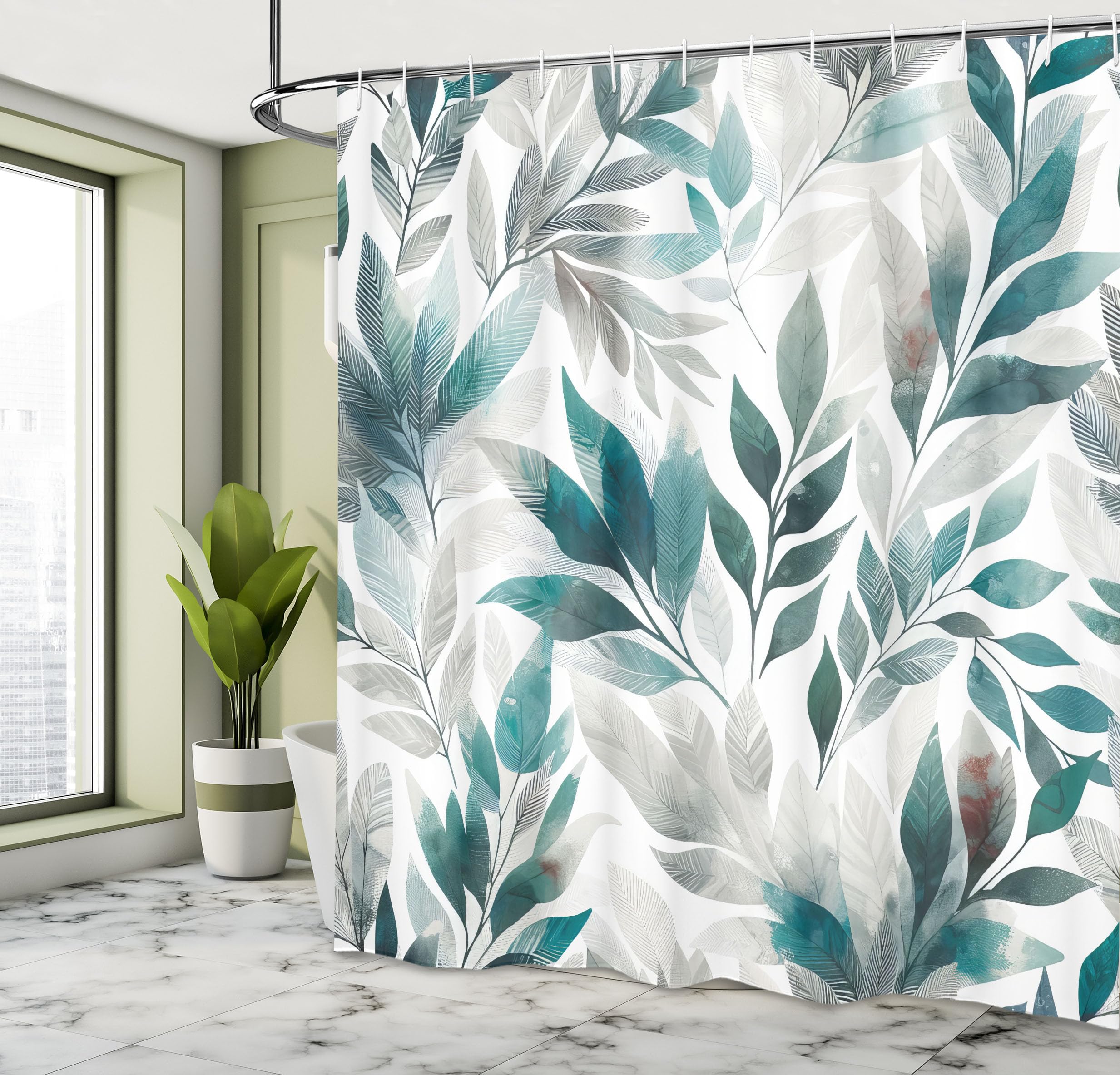 Ambesonne Teal Shower Curtain, Urban Jungle Theme Phantom Of Leaves Greenery On Plain Back Dreamy Exotics, Cloth Fabric Bathroom