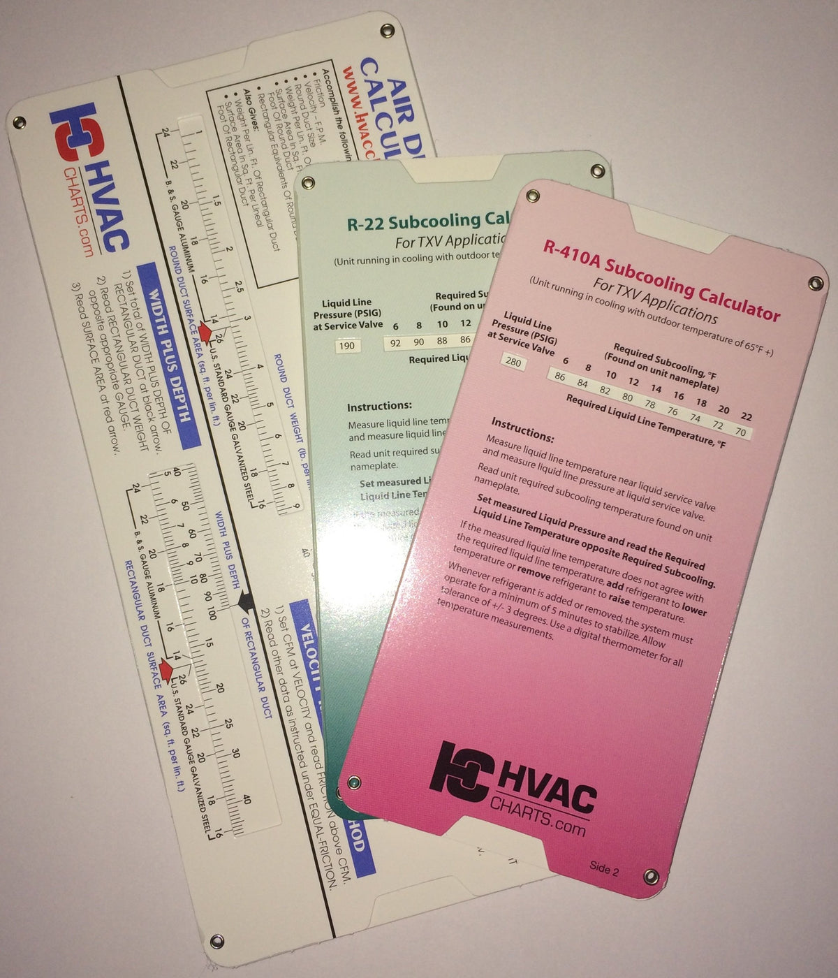 Hvac Chart 3 Pack, R-22 Superheat Subcooling Calculator, R-410A Superheat Subcooling Calculator And Duct Calculator