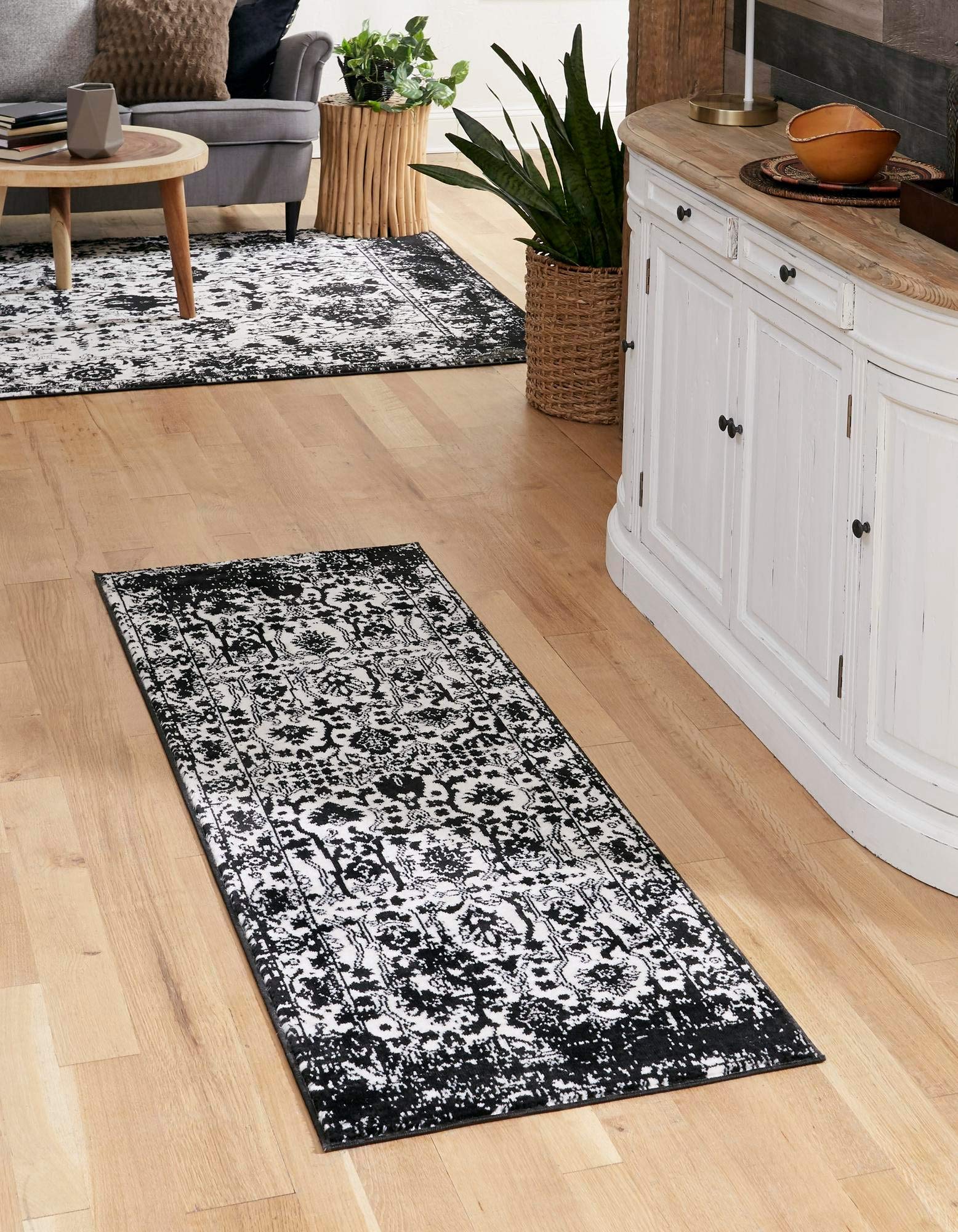 Rugs.com Oregon Collection Rug - 12 Ft Runner Black and White Low-Pile Rug Perfect for Hallways, Entryways