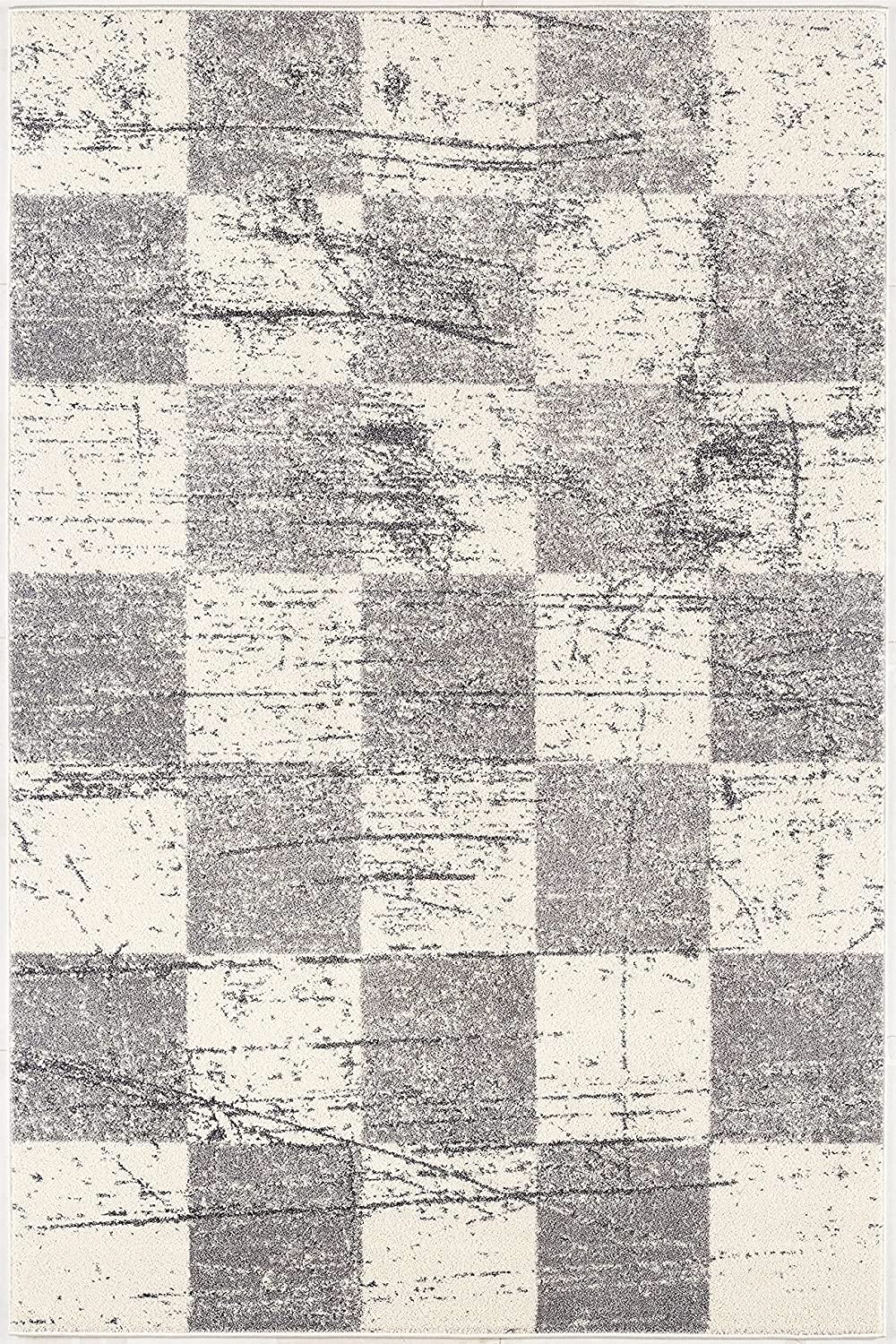 HomeRoots 100% Twisted Polyester 7â€ x 9â€ White and Gray Checkered Area Rug