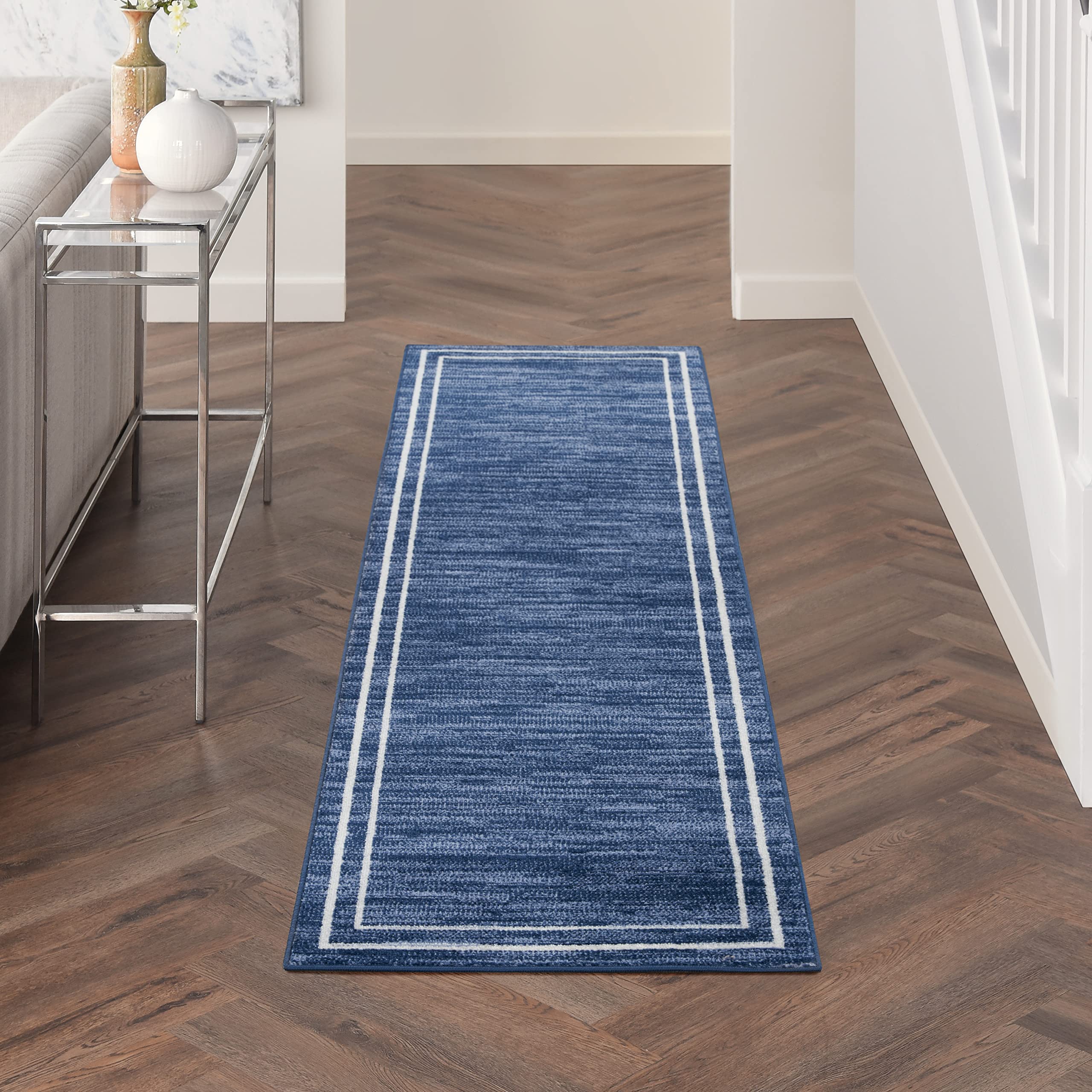 Nourison Essentials Indoor/Outdoor Solid Bordered Navy/Ivory 2'2' X 7'6 Area Rug, Easy Cleaning, Non Shedding, Bed Room, Living