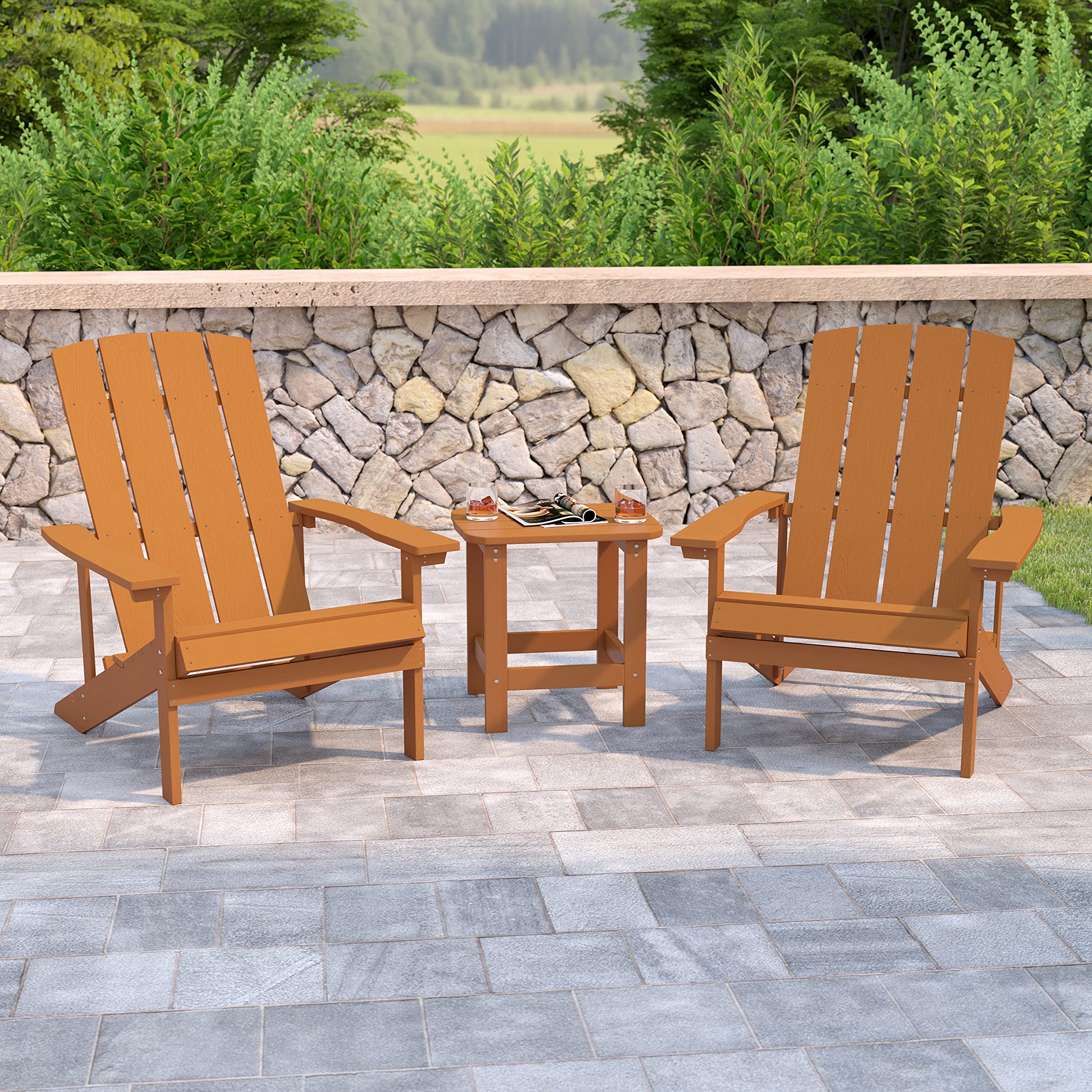 Flash Furniture Charlestown Commercial 2 Chair and Side Table Adirondack Set - Teak Poly Resin - Weather Resistant
