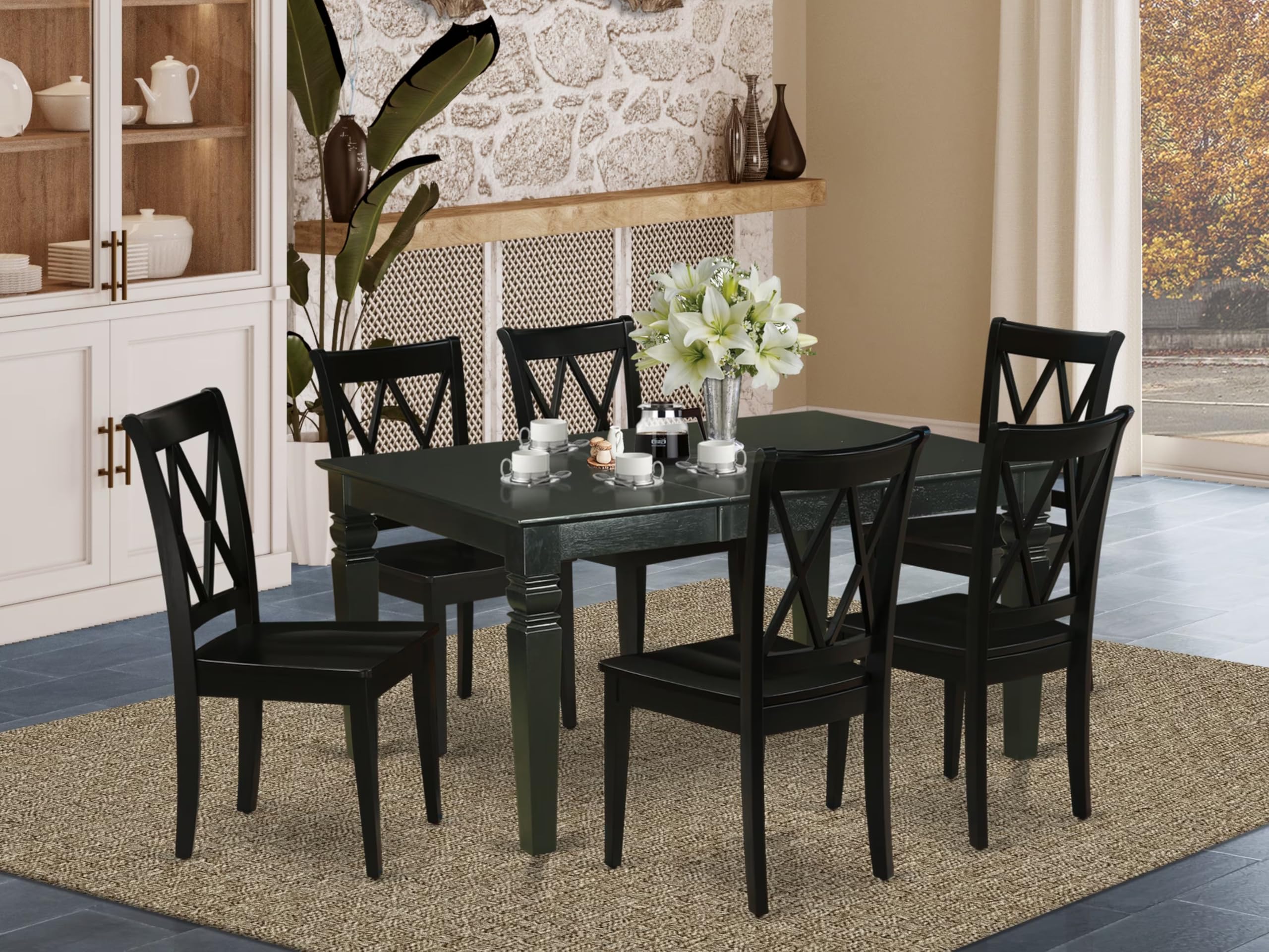 East West Furniture Wecl7-Blk-W 7 Piece Kitchen Table & Chairs Set Consist Of A Rectangle Dining Room Table With Butterfly Leaf And 6 Dining Chairs, 42X60 Inch, Black