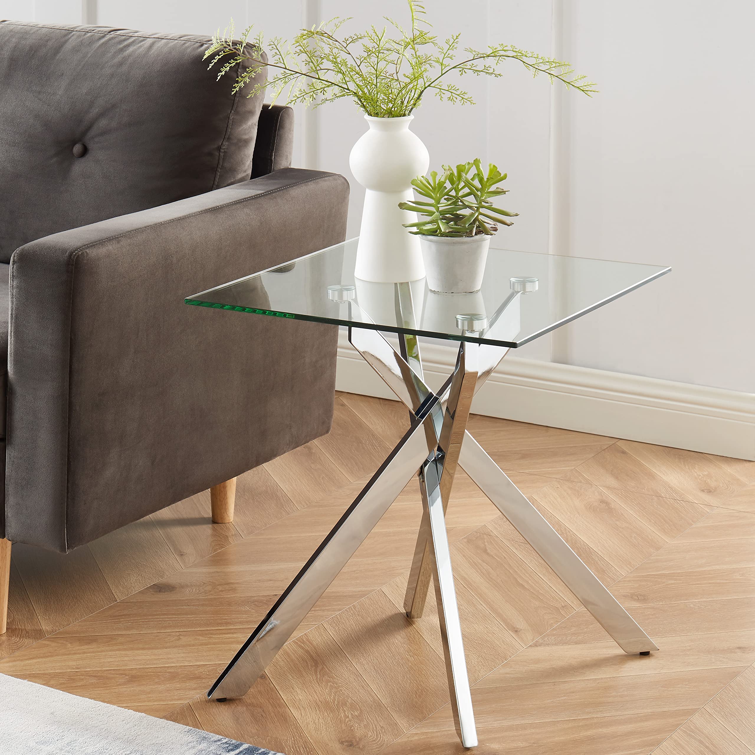 Modern Style Square Side Table with Tempered Glass Top and Metal Tubular Legs, Silver 20   Dx20   Wx22   H