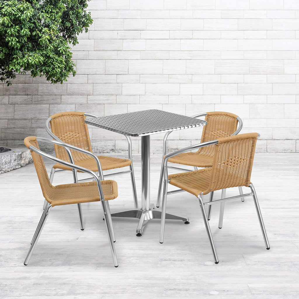 Flash Furniture 23.5'' Square Aluminum Indoor-Outdoor Table Set With 4 Beige Rattan Chairs