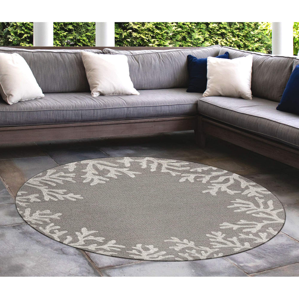 Liora Manne Capri Indoor/Outdoor Handmade Synthetic Blend Durable Area Rug - Traditional Border Coastal Beach Accent (Coral Border Silver) (8' Round)