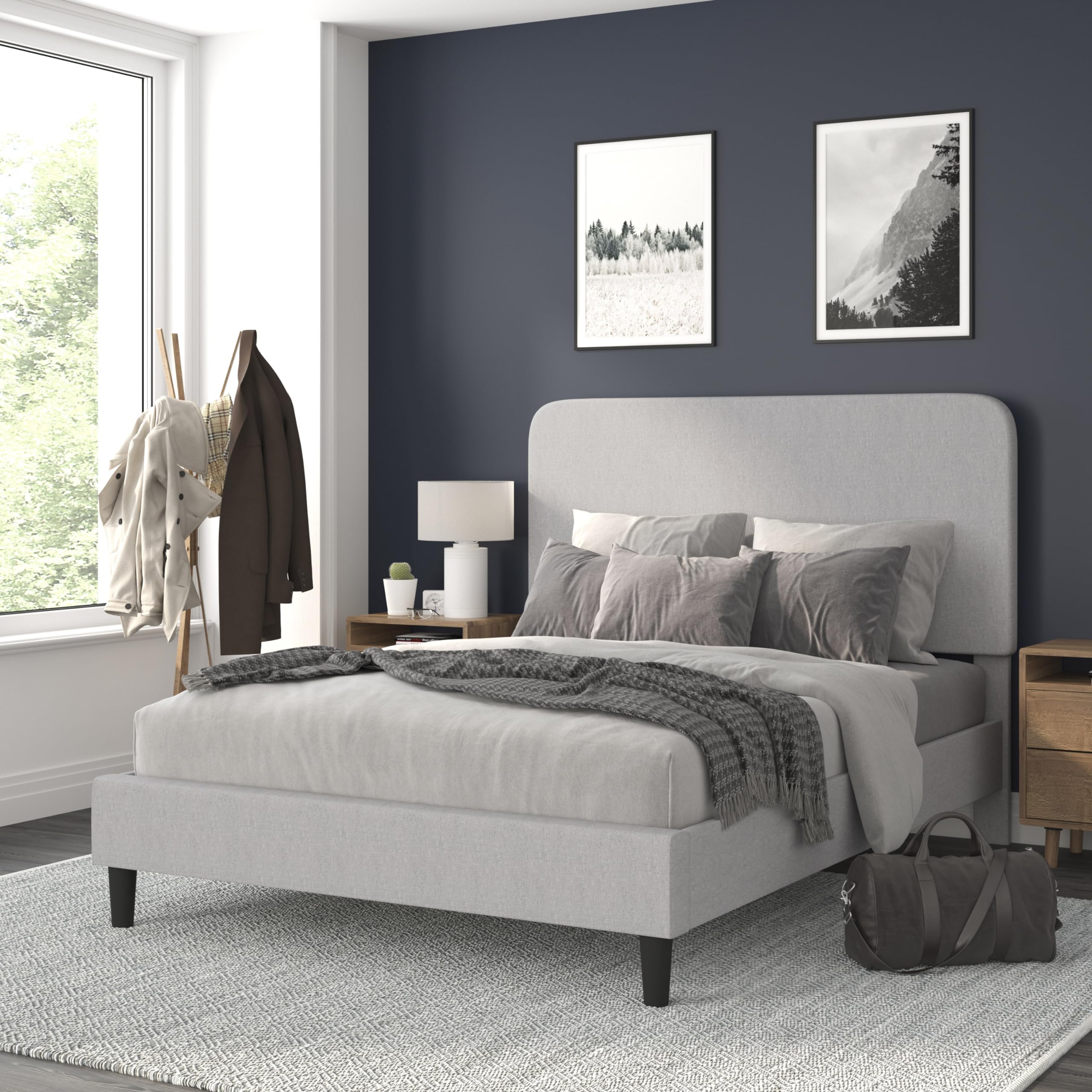 Flash Furniture Addison Queen Size Platform Bed with Fabric Upholstered Headboard, Timeless Low-Profile Queen Bed Frame with Headboard, Light Gray