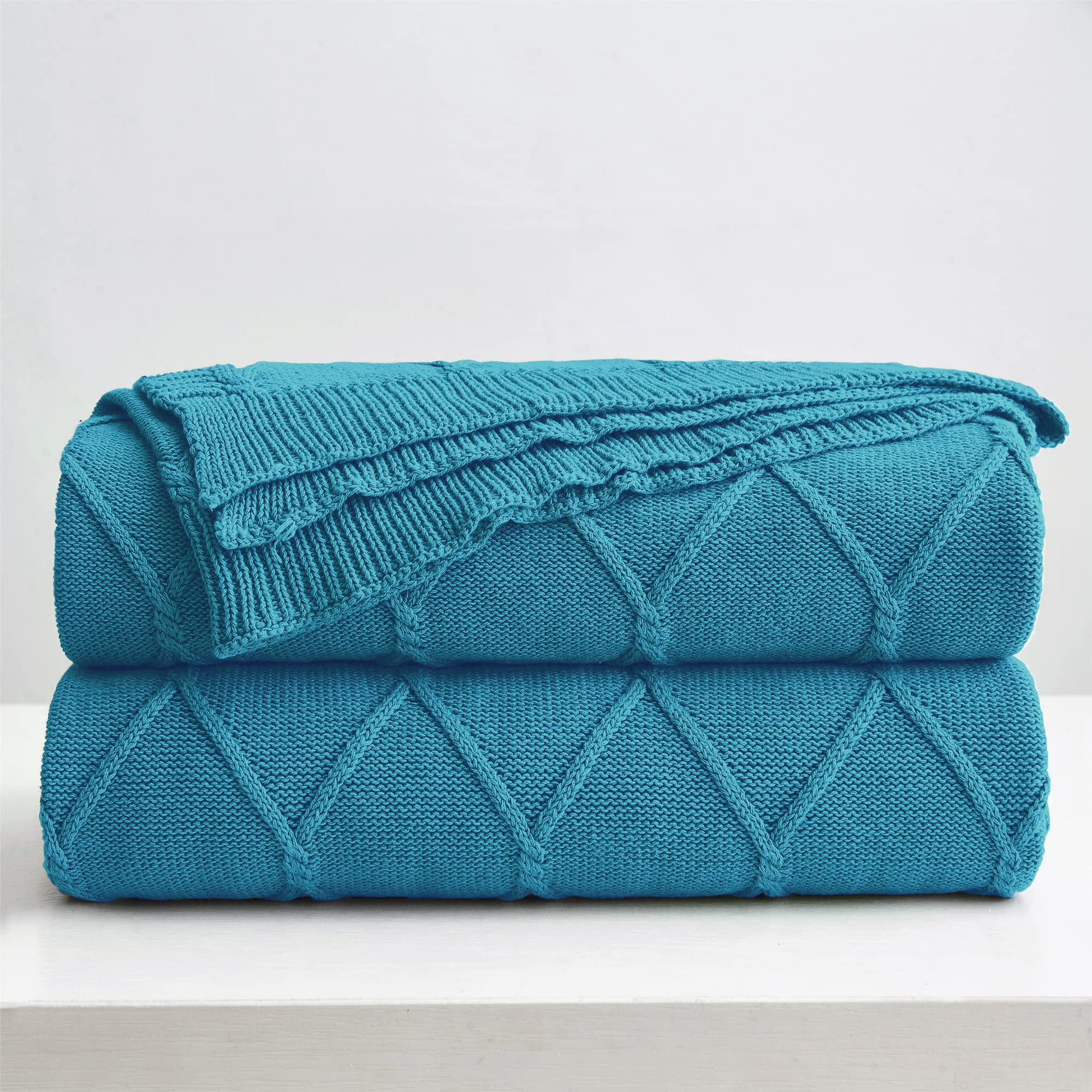Longhui Bedding 100% Cotton Lake Blue Lightweight Cable Knit Throw Blanket With Bonus Laundering Bag For Couch Sofa Bed - 50 X 6